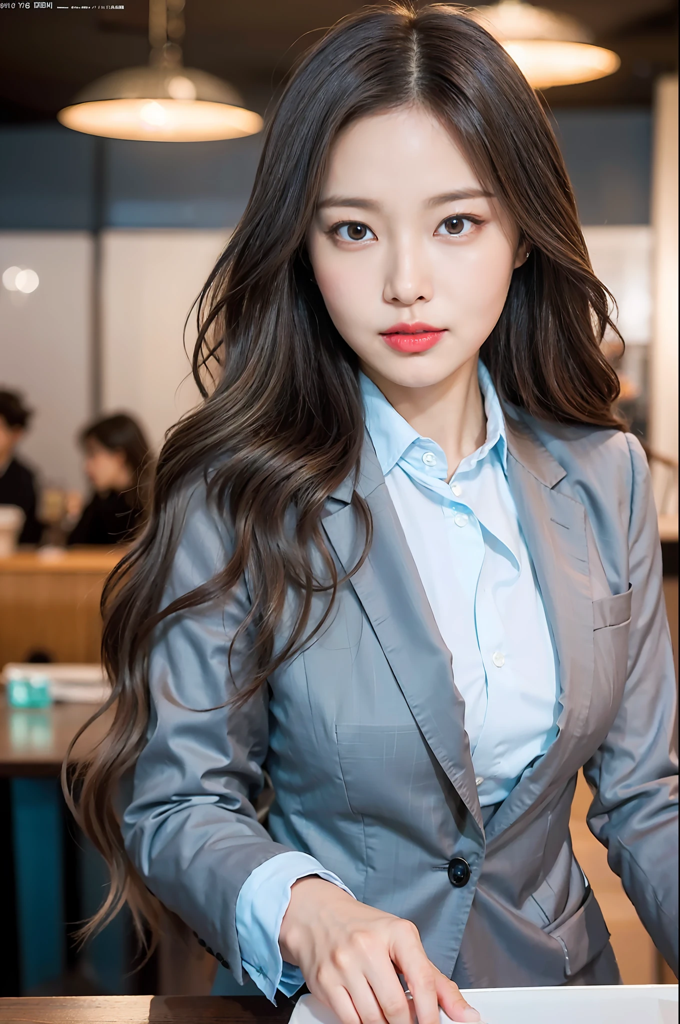 Mature mature youth, super cute, nice perfect face with soft skin, gorgeous wavy long brown hair, immature woman in trendy dark blue suit on 8K resolution, super realistic, super detailed, high quality, erotic and beautiful runway, Nogizaka idol, gravure idol, Korean idol, café clerk: 1.3, family restaurant clerk uniform: 1.3, actress