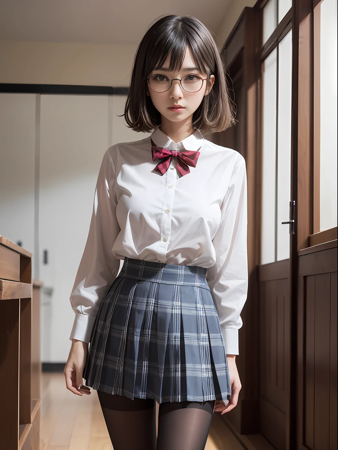 (8K、Raw photography、top-quality、masterpiece:1.2),Black pantyhose,absurderes,a small face,small tits,flat breast,Parting the bangs from the middle、Forehead visible,(Tight eyes,Bullish,skinny,Rasping,irate)、masterpiece,top-quality、超A high resolution,Raw photo,ren,Beautiful fece,One Person, 独奏,eye glass,,Dark look,Small breasts,fullllbody,Round glasses、cute little、A Japanese Lady,is standing,(Tight eyes,Bullish,skinny,Rasping,irate,small tits,flat breast)、(Photorealsitic:1.37)、Photon mapping,Light blue ribbon,Realistic、Cute little face,Brown-eyed、Black socks、(Red bow tie)、Radio City、Physically Based Rendering、Foreground、depth of fields、Blurry background、a picture,The girls、Body, Long legs, Thin leg,Semi-bob cut,(Bangs are visible), hair, s lips, Blue_The eye, nosesoft,White shirt, Navy blue and white plaid pleated skirt, Knees are visible,Sheer clothing,, Thigh, Black cotton socks,Nogizaka Idol, 女優, Japanese ido