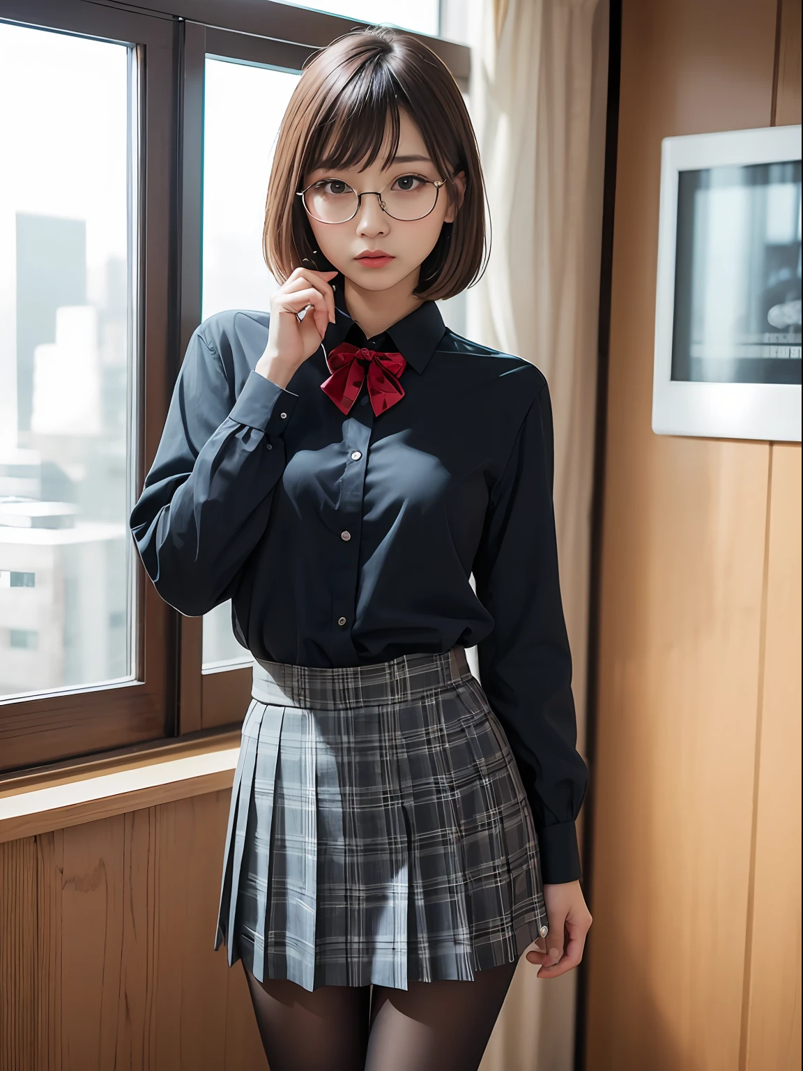 (8K、Raw photography、top-quality、masterpiece:1.2),Black pantyhose,absurderes,a small face,small tits,flat breast,Parting the bangs from the middle、Forehead visible,(Tight eyes,Bullish,skinny,Rasping,irate)、masterpiece,top-quality、超A high resolution,Raw photo,ren,Beautiful fece,One Person, 独奏,eye glass,,Dark look,Small breasts,fullllbody,Round glasses、cute little、A Japanese Lady,is standing,(Tight eyes,Bullish,skinny,Rasping,irate,small tits,flat breast)、(Photorealsitic:1.37)、Photon mapping,Light blue ribbon,Realistic、Cute little face,Brown-eyed、Black socks、(Red bow tie)、Radio City、Physically Based Rendering、Foreground、depth of fields、Blurry background、a picture,The girls、Body, Long legs, Thin leg,Semi-bob cut,(Bangs are visible), hair, s lips, Blue_The eye, nosesoft,White shirt, Navy blue and white plaid pleated skirt, Knees are visible,Sheer clothing,, Thigh, Black cotton socks,Nogizaka Idol, 女優, Japanese ido