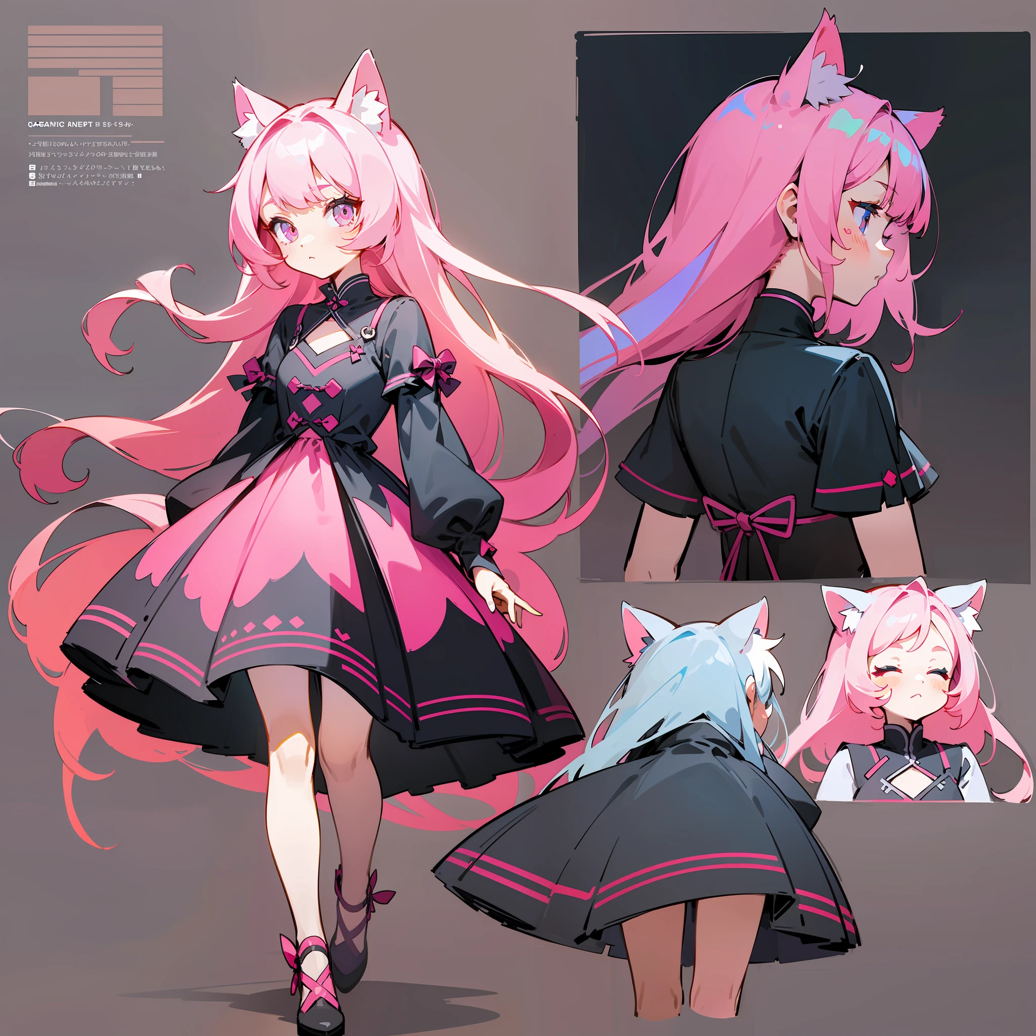 Cute girl with cat ears A variety of pink color dress designs,3×3 format images,A set of illustrations,The spacing between each element is equal,There is no overlap,Old memo kernel,Two image views,namely the frontview、the sideview、white backgrounid、Different image views ,organic shapes and lines,illustratio,Flat illustration style,Flat illustration style,Danish design"
