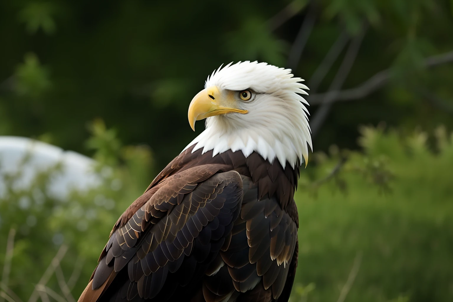 There is a bald eagle that is standing in the grass, bald eagle, an eagle, head of an eagle, with the beak of an eagle, Eagle Head, olhar orgulhoso, aquila, beak of an eagle, olhar orgulhoso, orgulhoso olhando para longe, eagle beak, Second Eagle Head, olhando para o lado dele, feathered head, looking to the side off camera