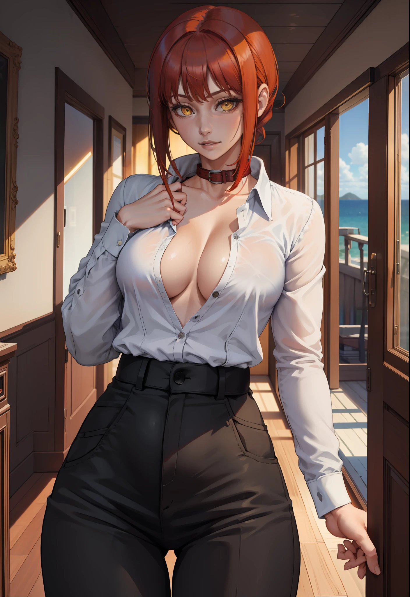 (masterpiece, best quality:1.2), solo, 1girl, red hair, yellow eyes, makima,, unbuttoned shirt with collar, on the chest, a lot of, black unbuttoned pants, wide hips,