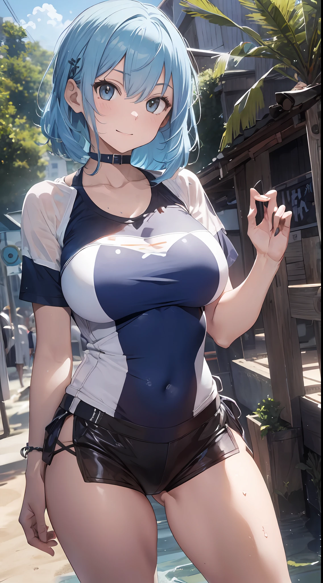 (NSFW:1.2), (8K, Raw photography, Top image quality, tmasterpiece: 1.4), ultra highly detailed, (realisitic, photoreallistic: 1.48), 1girl in, Solo Focus, type moon style, Kyoto Animation Style, short-length hair, (blue hairs:1.7), Blunt bangs, Hair Between Eyes, Clear eyes, side locks, White hair, Shiny hair, beautiful detailed cold face, Seductive smile, angry, complex details beautiful and delicate eyes, bare_shoulders, huge-breast, Gray eyes, White skin, Hair Ornament, (((T-shirt))), swim ring, swimsuit, beautiful bare back, Sandals, Skindentation, 鎖骨, bare_Legs, beach, Beautiful detailed sky, White sand, tree, very precise details, absurdist, Extremely detailed, 16k wallpaper,remrezero