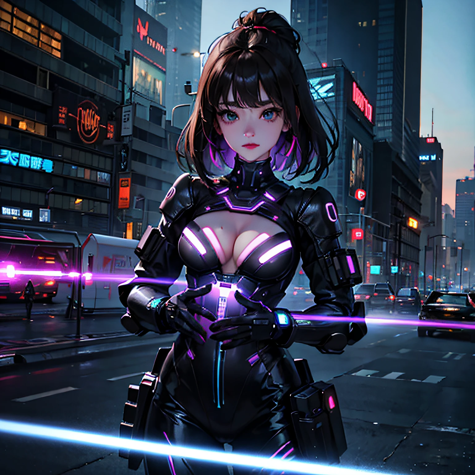 realisitic、tits out、Cyberpunk、cleavage of the breast、Beautifully shaped breasts、Overexposed、newyork、Cyber City、a moon、Moon Night、nightcity、((top-quality)), ((masterpiece)), (high-detail:1.3), 3D, Beautiful fece、mechanical suit、Near Future Cyber Suit、Black Cybersuit、Black Robot Costume、bustup、Kamimei、machinery suit