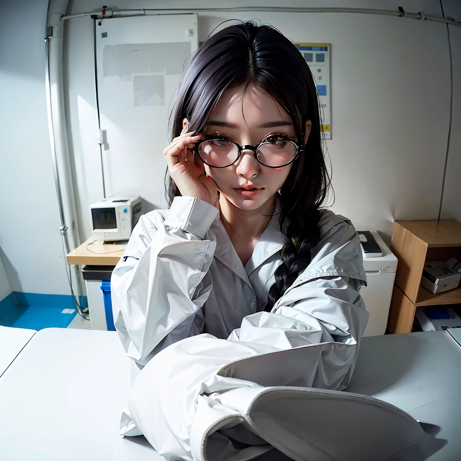 Lab Room,Girl in a white coat,The upper part of the body,black color hair,wears glasses,Need,tmasterpiece