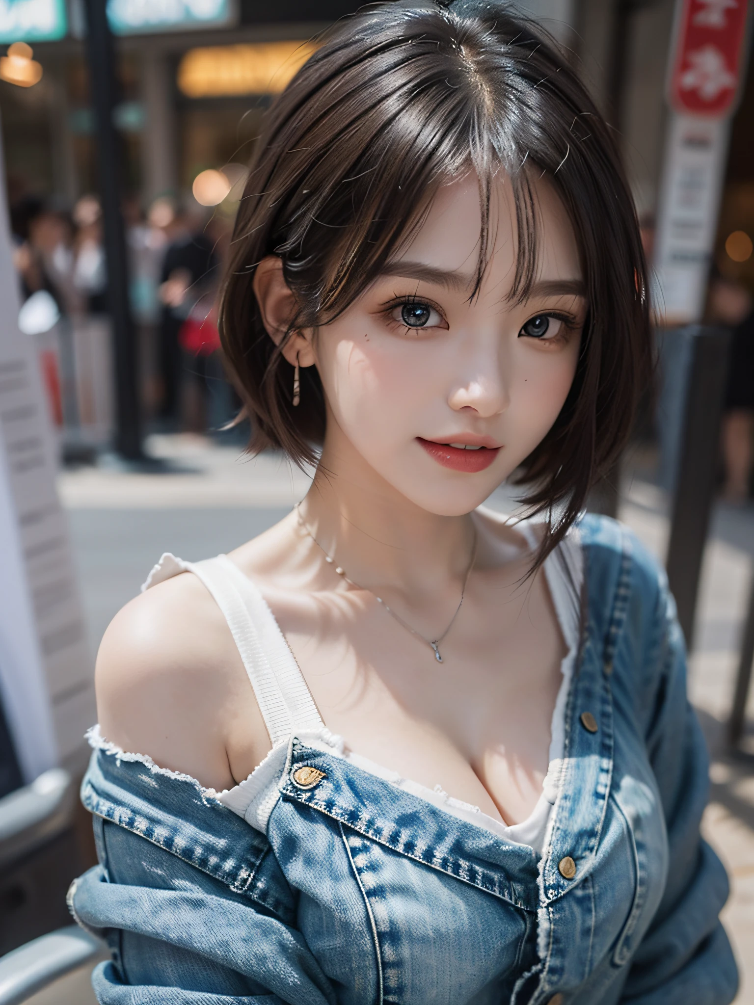 best qualtiy，tmasterpiece，超高分辨率，（Photorealsitic：1.4），RAW photogr，（Authentic skin texture：1.3），（filmgrain：1.3），in a panoramic view，midynight，Lan Kwai Fong, Hong Kong，from the above，18yo girl，The upper part of the body，cropped shoulders，Short hair，耳Nipple Ring，Medium large breasts，White T-beam，jean jacket，denim short，Tyndall effect，Charming eyes，Beautiful details for eyes and face，with brown eye，happy laughing，Look to the lens，