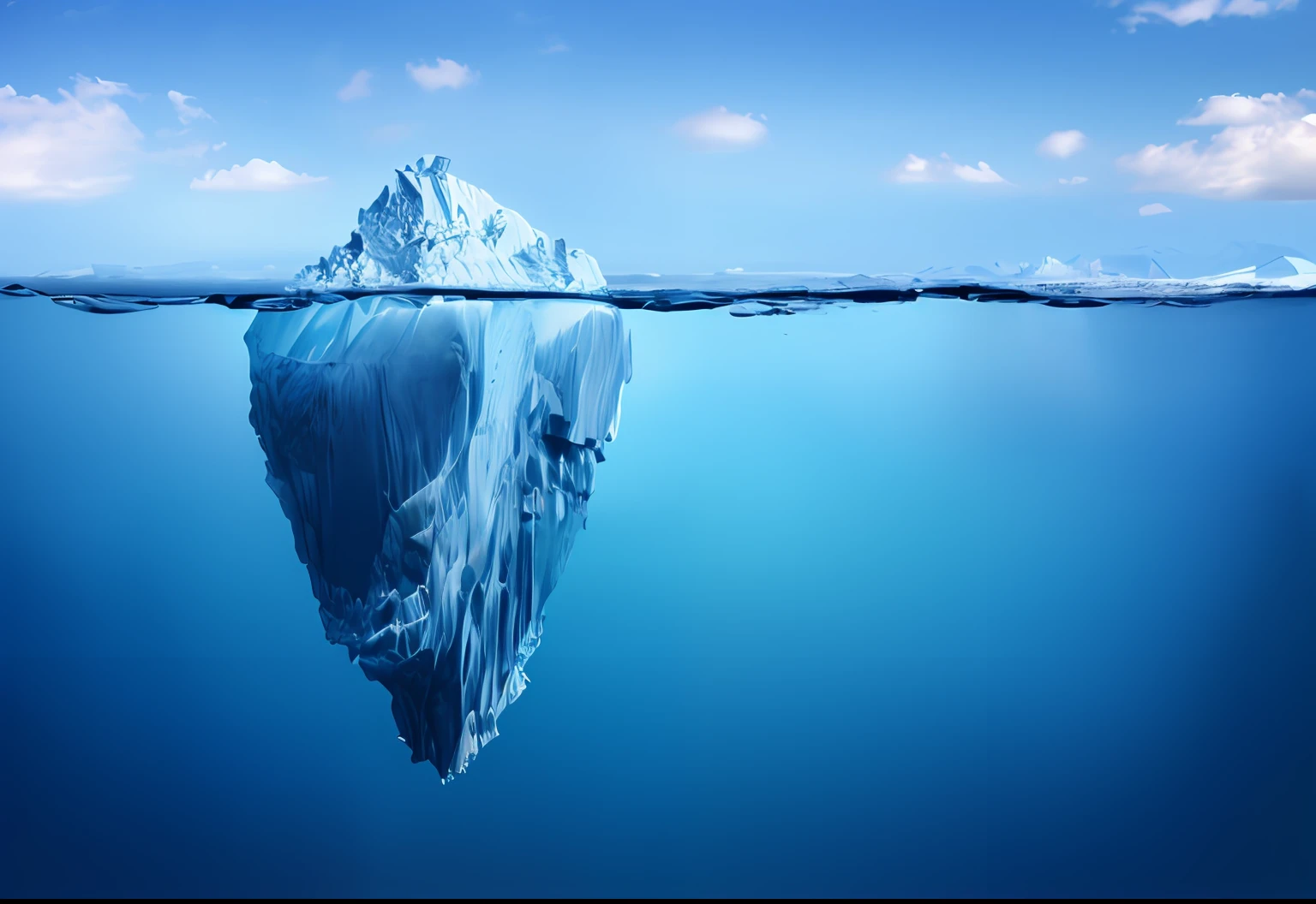 there is a large iceberg floating in the ocean with a sky background, iceberg, incredible depth, amazing depth, mountains made out of icebergs, deep depth, photo of the middle of the ocean, half submerged in water, icebergs, deep perspective, partially submerged, sea underneath, 3840x2160