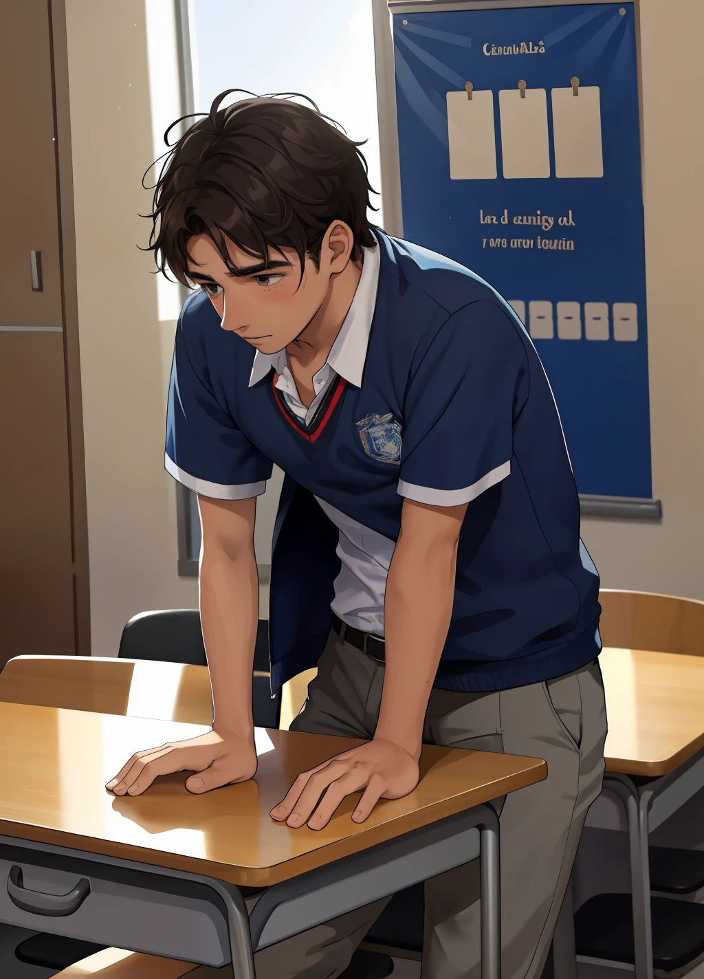 un chico le cuenta una triste historia a su amigo , ( estan en el salon de clase de la secundaria hablan tristes ) dos amigos sentados en el salon de clase uno esta triste contandole una histria al otro