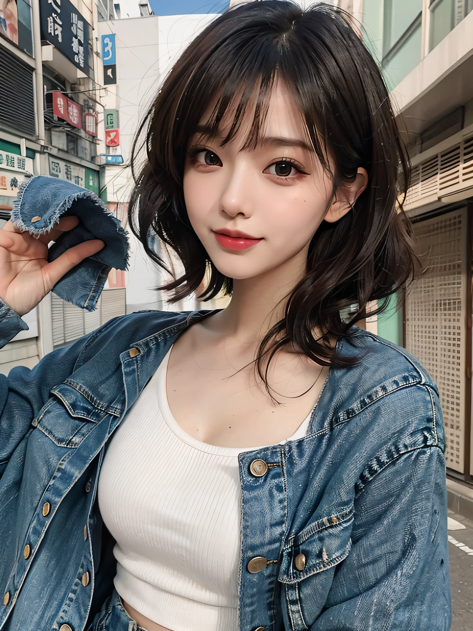 best qualtiy,tmasterpiece,超高分辨率,(Photorealsitic:1.4),RAW photogr,(Authentic skin texture:1.3),(filmgrain:1.3),in a panoramic view,midynight,Lan Kwai Fong, Hong Kong,from the above,18yo girl,The upper part of the body,cropped shoulders,Short hair,耳Nipple Ring,Medium large breasts,White T-beam,jean jacket,denim short,Tyndall effect,Charming eyes,Beautiful details for eyes and face,with brown eye,happy laughing,Look to the lens,