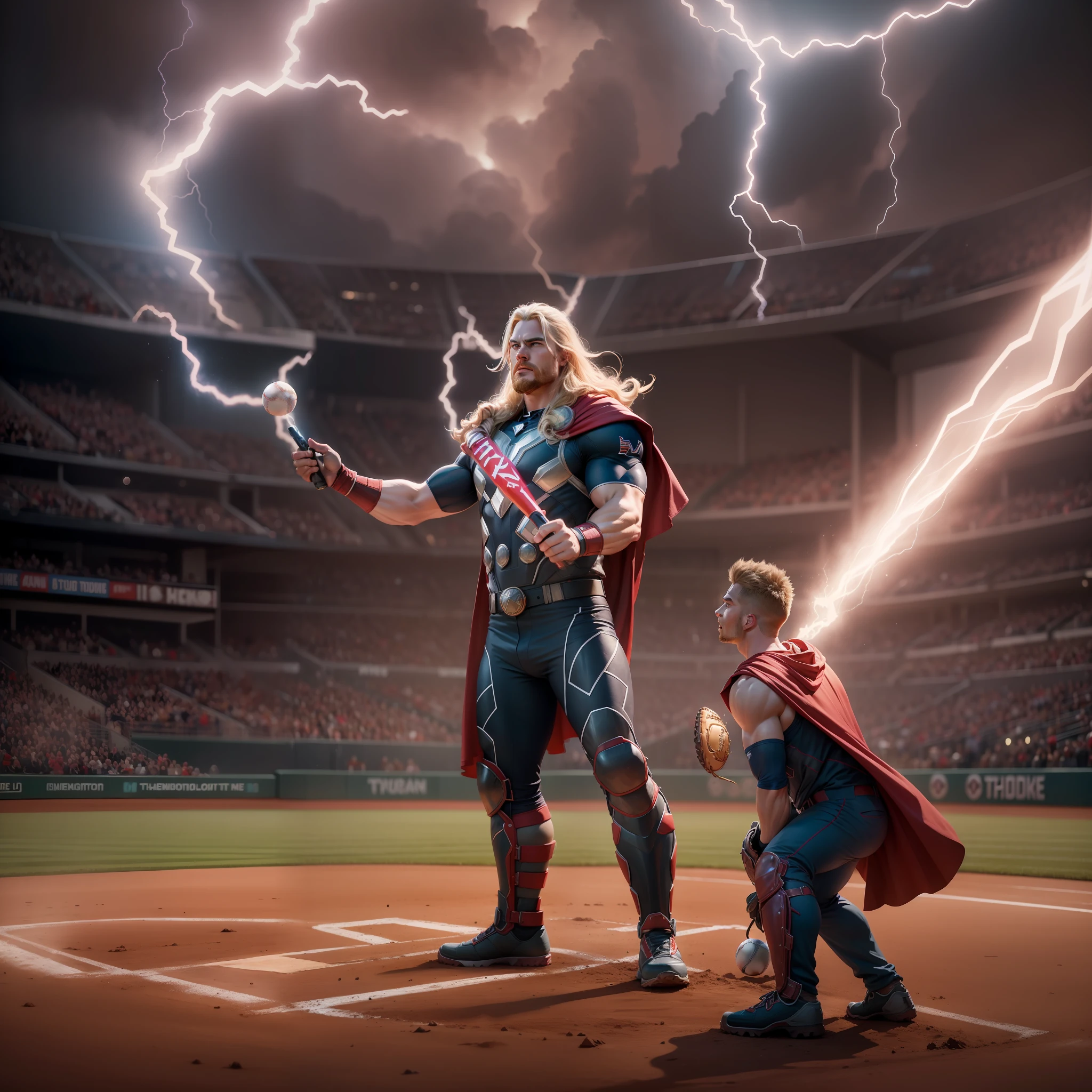 The image shows Thor on a baseball field at night, iluminado pelos refletores. He's at the pitching position, with an electric baseball floating in his hand. The surrounding audience is completely fascinated, with expressions of astonishment and admiration on their faces. The title of the film, “Thor: Thunder Pitch”, it's in bold letters, with a thunder effect, highlighting the strength and energy of the character. This promotional image combines the world of superheroes with the excitement of baseball, promising an electrifying and unique experience.