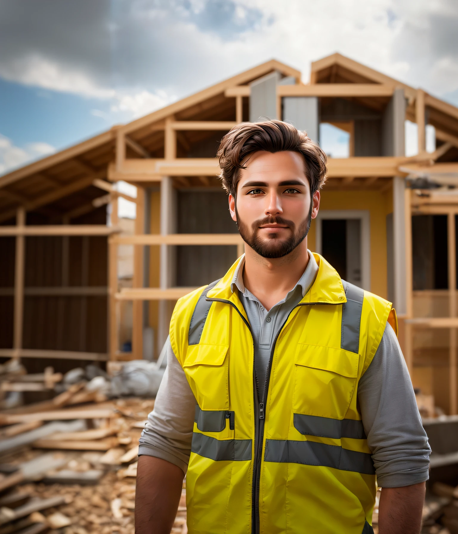 Arafed Hombre con un chaleco amarillo parado frente a una casa, Toma de retrato, Hombre atractivo, construction, arquitecto, guapo masculino, Hombre guapo, Usar ropa de alta visibilidad, imagen vertical, carpintero, Cerrar retrato, staring directly into camera, cara guapa, bien construido, Foto de retrato, Hombre atractivo, mirada intensa, barbudo y construido, retrato