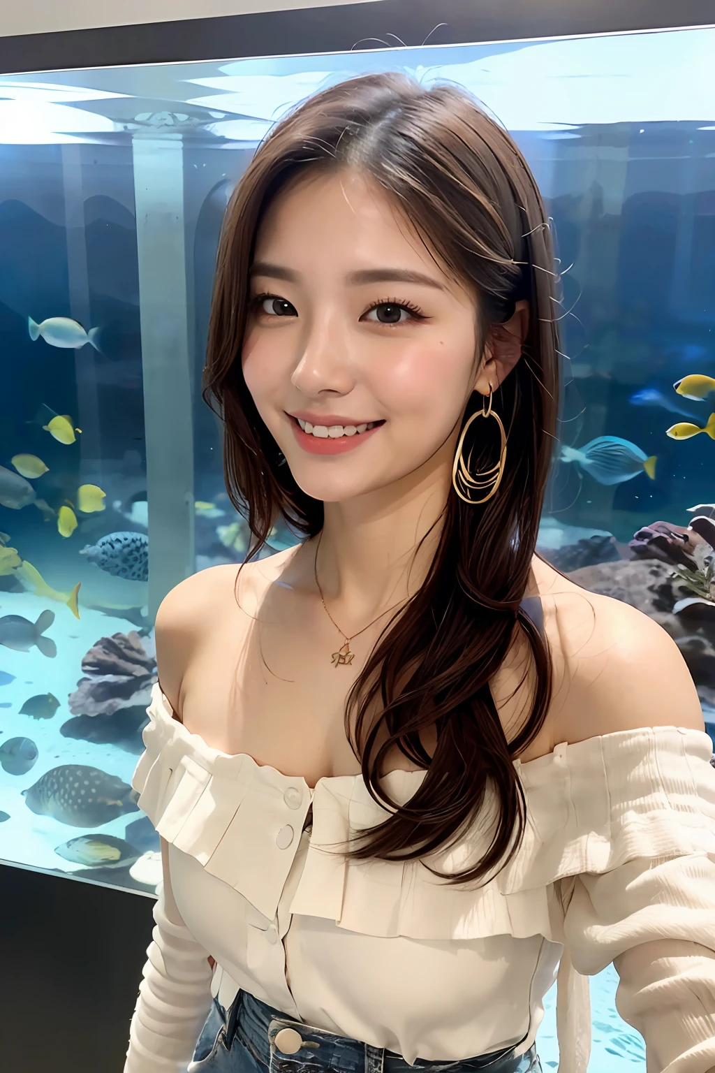 (masterpiece:1.3), high resolution, ultra detailed, extremely detailed CG unity 8k wallpaper, realistic, photo-realistic, RAW photo, beautiful detailed face, pale skin, realistic glistening skin, detailed cloth texture, detailed hair texture, Perfect Style, Beautiful Face, accurate, Anatomically correct, Highly detailed face and skin texture, natural neck length, (thin and beautiful fingers),
BREAK,
Detailed eyes, symmetric eyes, Brown eyes, Double eyelids, Thin eyebrows, (Glossy lips:1.4), (happy smile:1.2),
BREAK,
((Innocent and Cute girl:1.3)), ((wearing a off-shoulder White blouse:1.4)), (beautiful clavicle), (Gold strings belt), (denim pants:1.2), (cross strap high heels:1.2),
(necklace, bracelet), ((clutch bag over shoulder, large hoop earrings, pinky ring:1.2)), (beautiful blue nails)
BREAK,
Layered Hairstyle, (brown hair:1.2), (wavy hair:1.2), medium long hair,
large breasts, (firm breast), (nicely shaped breasts:1.1),
BREAK,
(((Standing Selfie pose In front of the aquarium:1.2)), (looking away:1.2),
BREAK,
((Upper body:1.2)), (Focus on face:1.2), (from side),