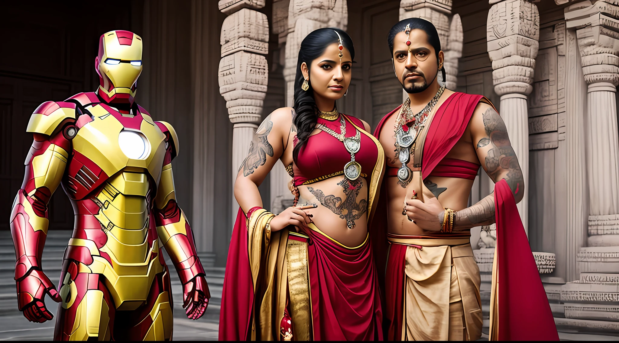 Voluptuous priestess with tattoos and percings on her body and an Iron Man mask outside a Hindu temple Ultra-realistic photo --auto