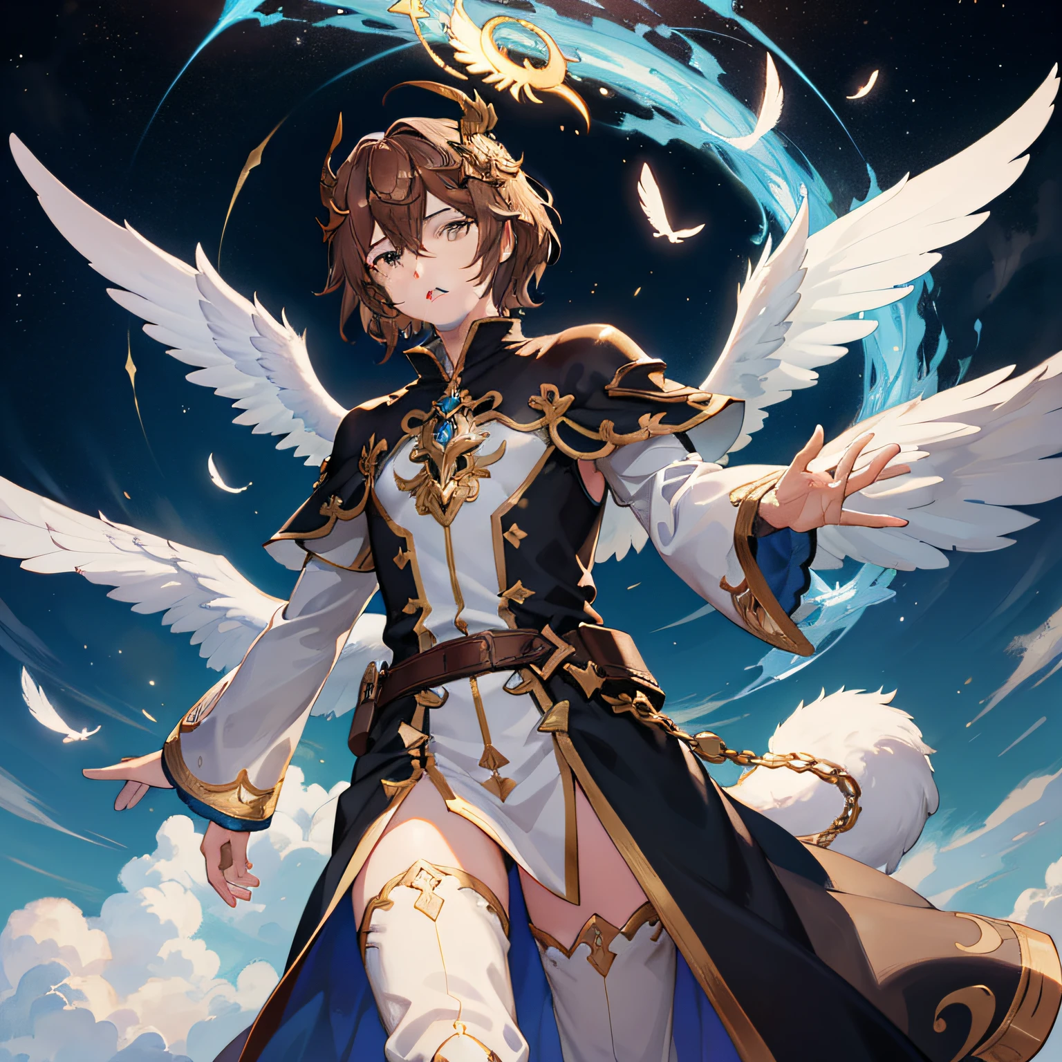 Sandalphon, o arcanjo de Granblue Fantasy, is depicted in all its majesty in this illustration. The background of the scene shows a celestial scenery, com nuvens douradas e raios de luz divina iluminando o ambiente. Sandalphon is positioned in an imposing and confident pose, com suas asas angelicais totalmente expandidas, demonstrando seu poder e autoridade.
His heavenly armor is richly detailed, with intricate ornaments and engraved sacred symbols. A espada celestial que ele empunha exala uma aura divina, and rays of magical energy envelop his fist. O cabelo loiro de Sandalphon flui suavemente ao vento, while his angelic features are enhanced by bright, expressive eyes.
Sandalphon is surrounded by an aura of golden light, that extends beyond your body, radiating power and protection. The feathers of its wings are carefully detailed, with each exhibiting a unique delicacy.
The focus of the scene is to capture the heavenly essence and imposing presence of Sandalphon. His facial expression conveys confidence and determination, while his gaze demonstrates wisdom and compassion. Lighting highlights the details of the armor, criando reflexos sutis e sombras bem definidas.
This illustration by Sandalphon is meant to be a stunning and inspiring depiction of the character, destacando seu papel como um dos arcanjos mais poderosos de Granblue Fantasy e sua beleza angelical.