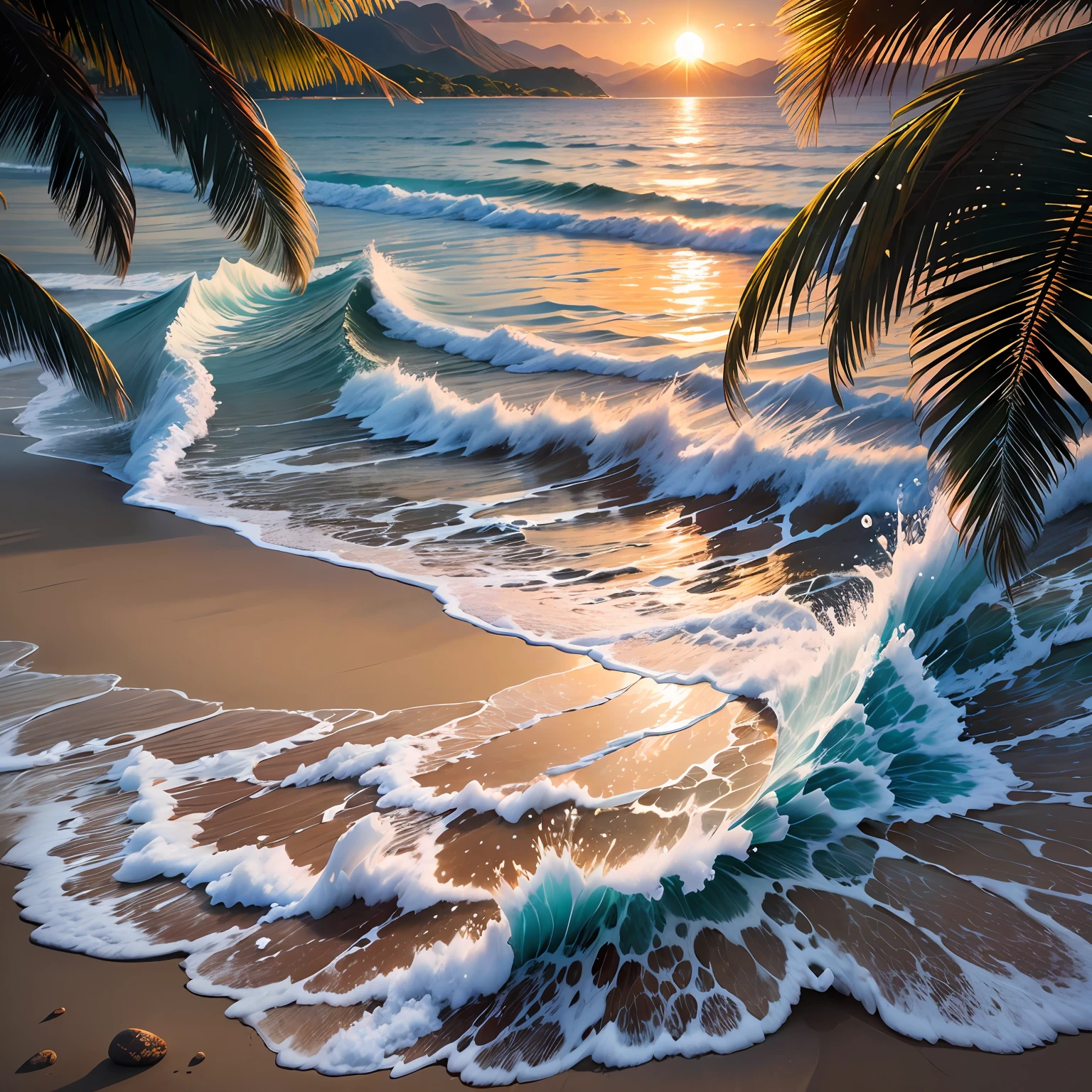 You are challenged to create a realistic image of a shell on the edge of the sea, on a beautiful beach with a lush landscape. The shell is white in color with a soft sheen and contains a delicate pearl inside. The crystal clear sea water is gently touching the shell, enveloping it with white foams and small drops of water. The sun is setting on the horizon, painting the sky with orange and gold hues, while its reflections shine on the surface of the sea. The beach is composed of fine, clear sand, decorated with shells and small waves crumbling into the sand. The surrounding landscape is lush, with coconut trees, tropical plants and distant mountains. Create an image that captures the serenity, natural beauty and harmony between the shell, the pearl, the sea and the beach, in a magical scene in the late afternoon." --auto --s2