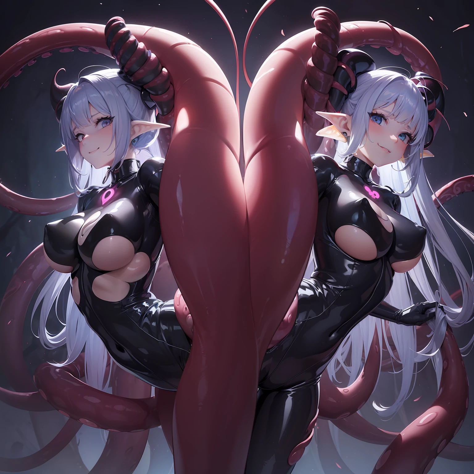 ((Girl fused with tentacles. Tentacles extending from behind)). Latex bodysuit. Cyber Costume. Taimanin suit. Hanging using tentacles. natta. Invincible smile. Mucous bodysuit. Inorganic background. Stick to the wall. facing front. Luminescent sphere of the chest