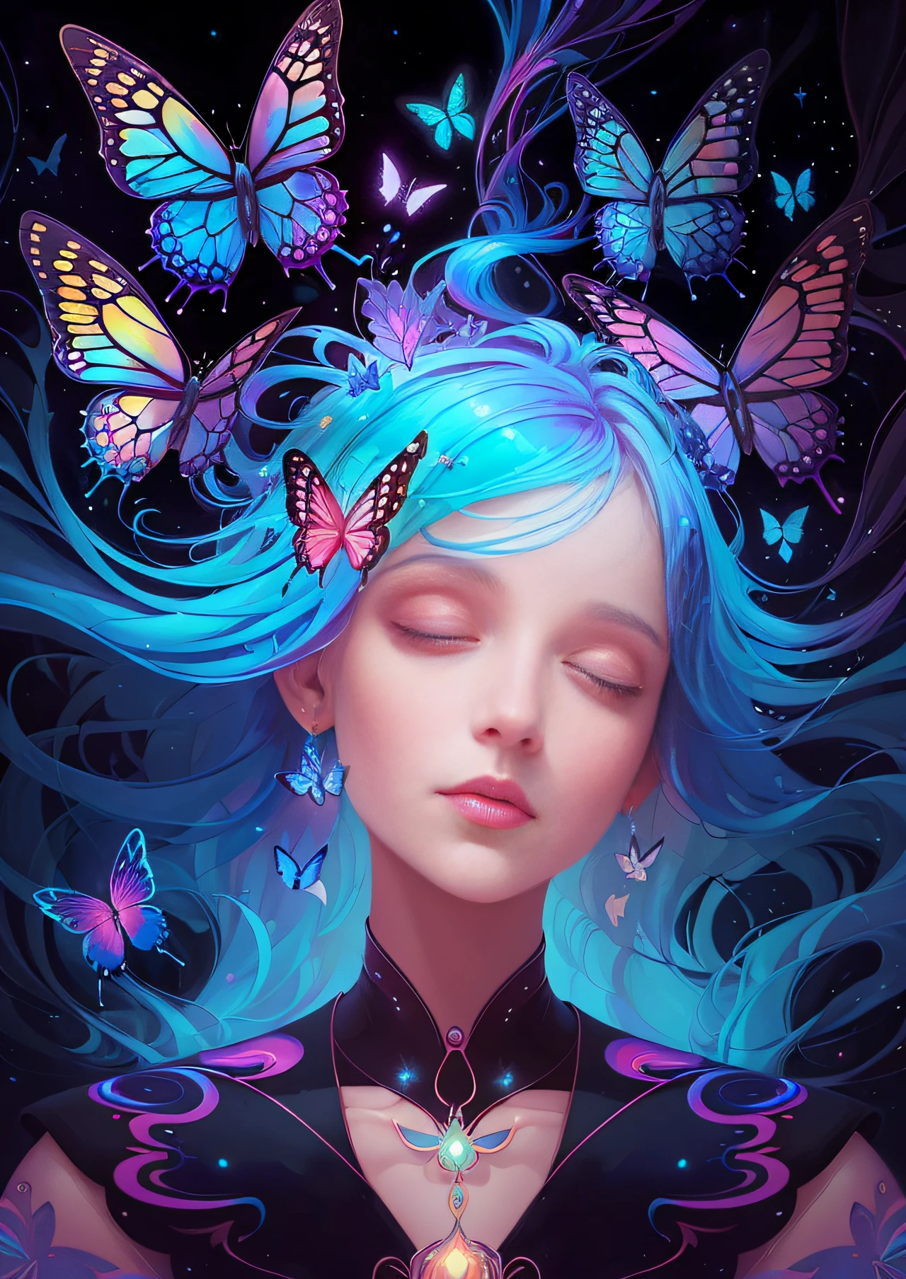 a painting of a woman with butterflies flying around her head, beeple and jeremiah ketner, iridescent # imaginativerealism, by Caroline Chariot-Dayez, beeple and james jean, inspired by Cyril Rolando, colorful flat surreal ethereal, psychedelic therapy, dreamlike digital painting, exquisite digital illustration, psychedelic surreal art, illustration iridescent