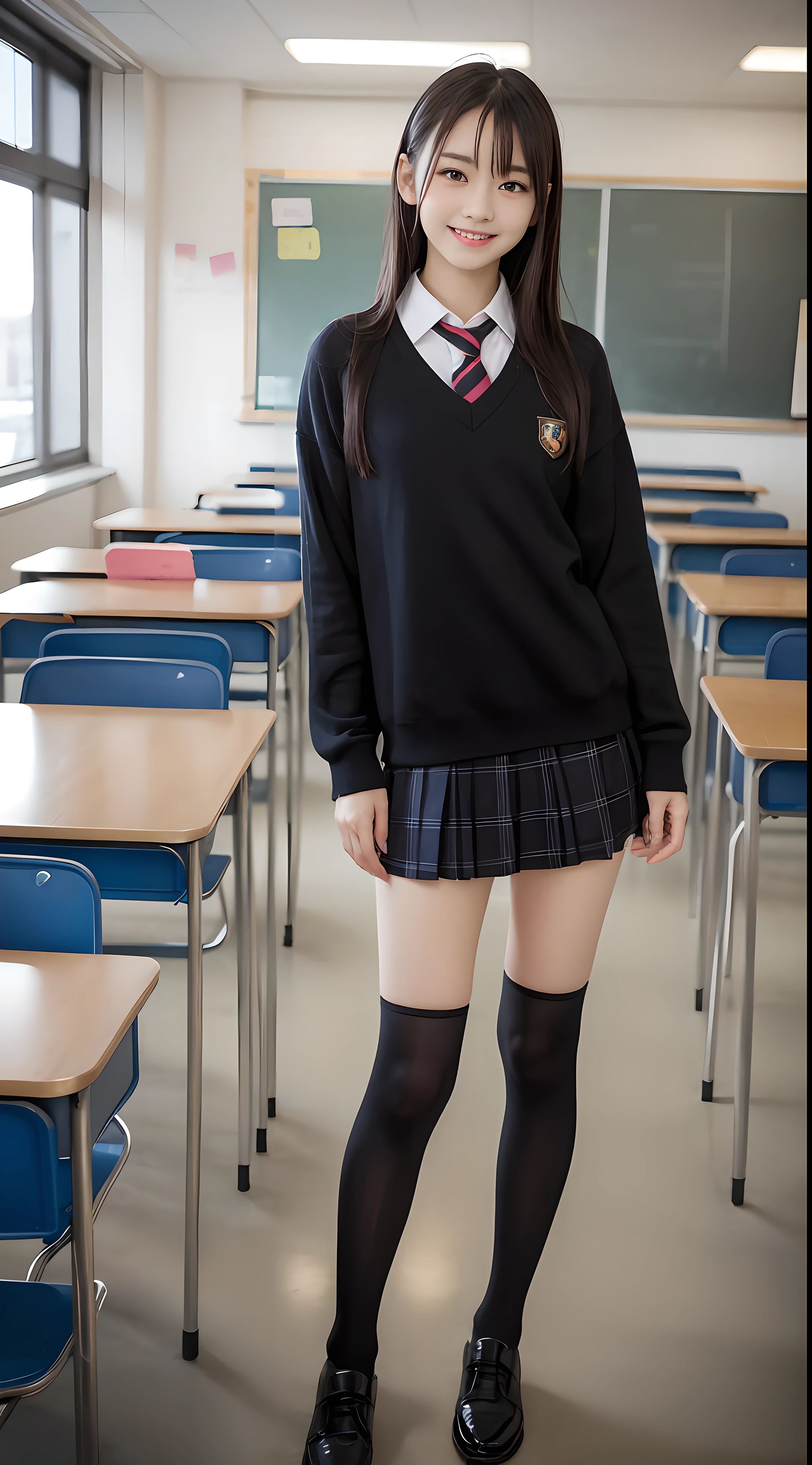 1girl, Cute, Black-haired, 14 years old, Smile, Looks pure, School uniform, Photography, Realistic, Best Quality, Detailed face, Full body, slender, Slender legs, Long legs, Wearing thigh-high socks, shoes on, School, classroom