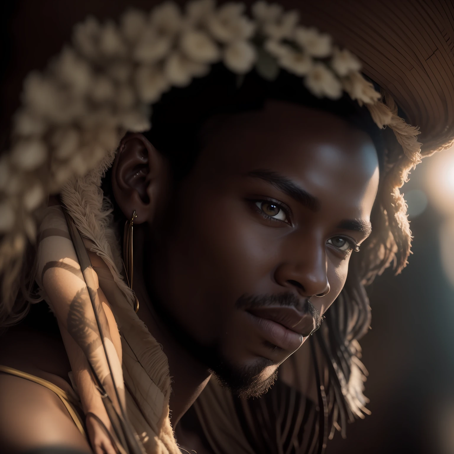 Raw photo, portrait of dark skinned beautiful African warrior man, perfect face features, perfect eyes, hopeful, wearing intricate African amor, sun light, volumetric lighting, sun rays, detailed shadows, nature, outdoor, hasselblad X2D 100C, hasselblad XCD 80mm f/1.9 lens, depth of field, bokeh, film grain, sharp focus, photorealistic, masterpiece, intricate details, high contrast, 8k, UHD, HDR, high-res, absurdres, award winning photography, modelshoote, fashion photography, best composition, rules of third, upper body shot,