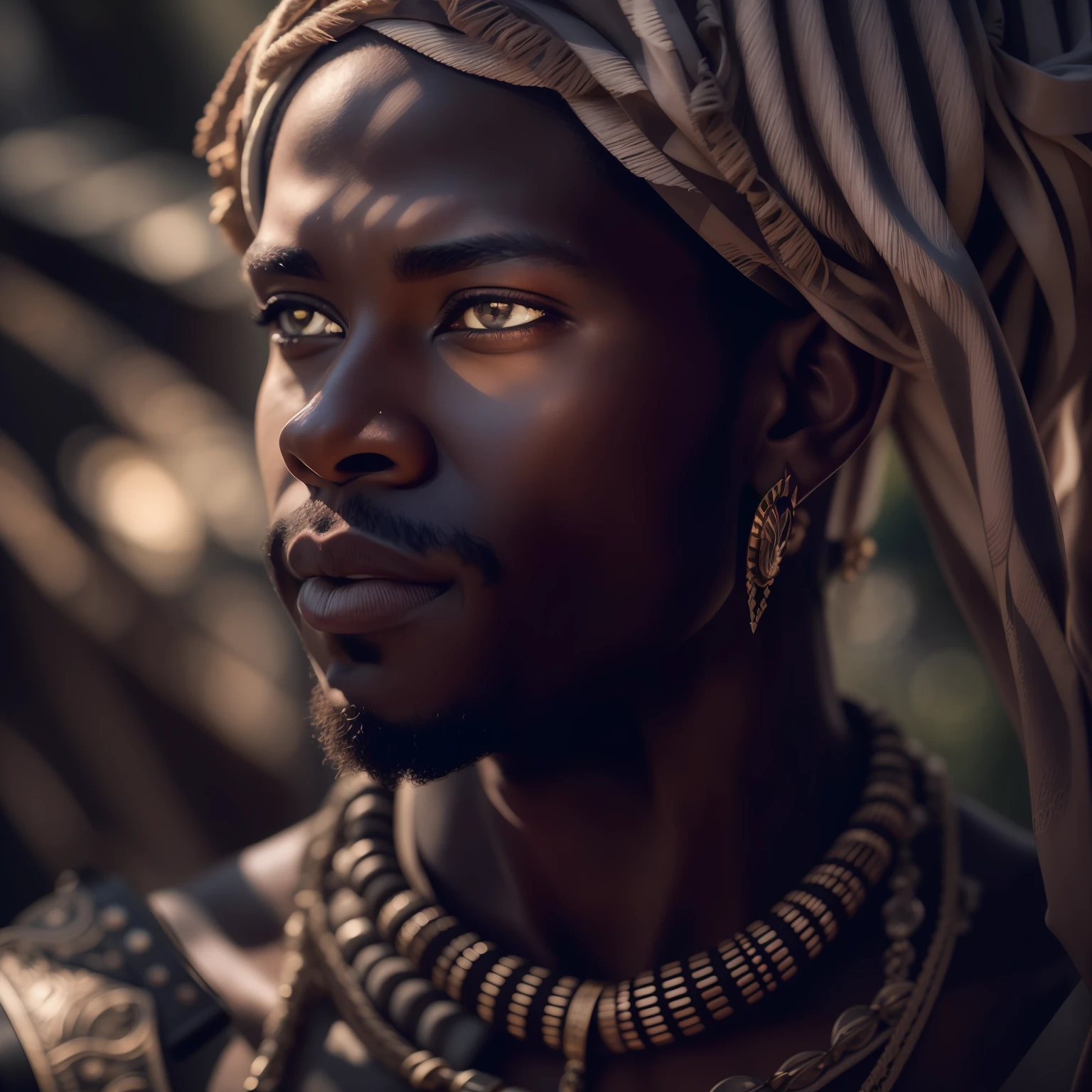 Raw photo, portrait of dark skinned beautiful African warrior man, perfect face features, perfect eyes, hopeful, wearing intricate African amor, sun light, volumetric lighting, sun rays, detailed shadows, nature, outdoor, hasselblad X2D 100C, hasselblad XCD 80mm f/1.9 lens, depth of field, bokeh, film grain, sharp focus, photorealistic, masterpiece, intricate details, high contrast, 8k, UHD, HDR, high-res, absurdres, award winning photography, modelshoote, fashion photography, best composition, rules of third, upper body shot,