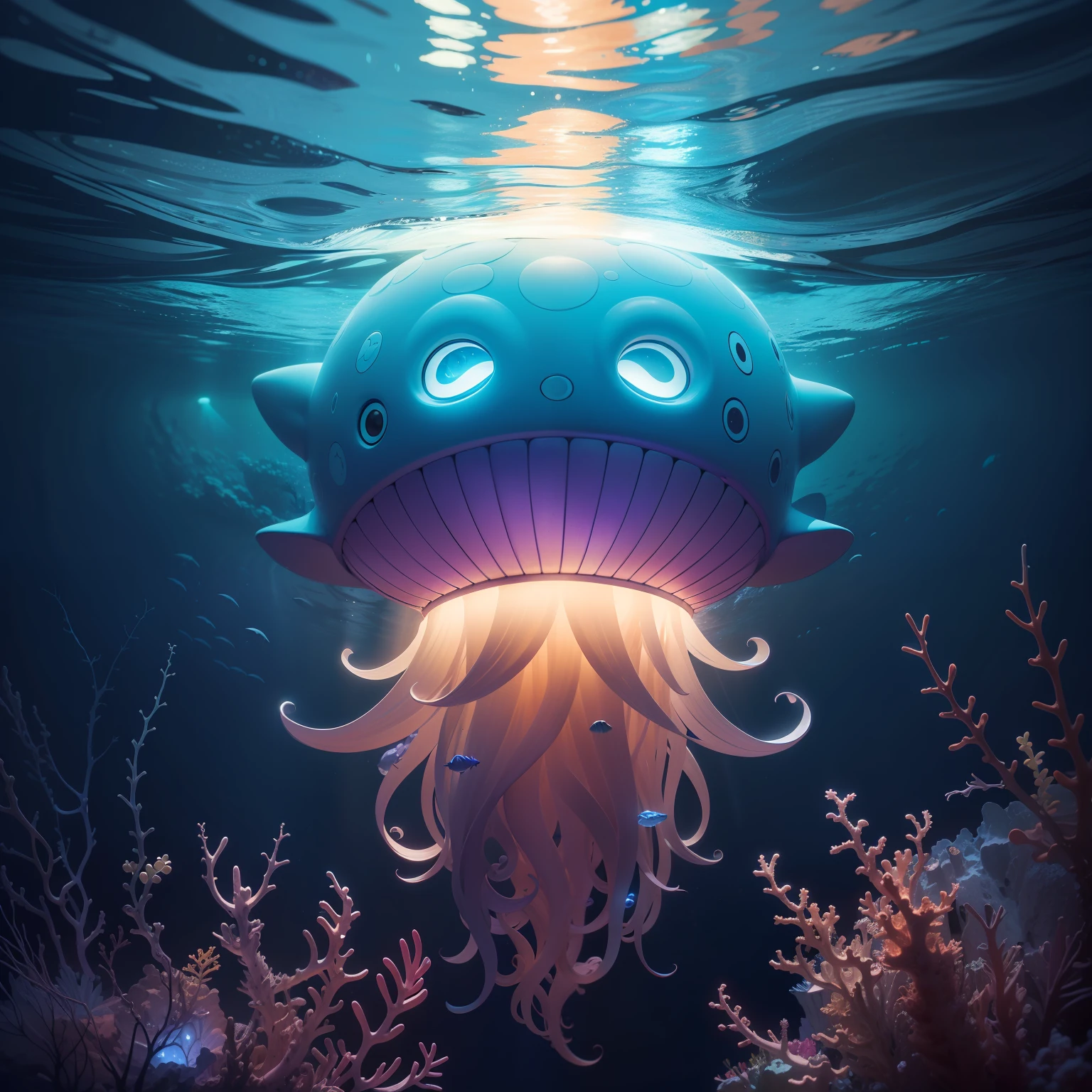 una toma submarina de varias medusas luminiscentes y multicolores en el mar, a poca distancia de la superficie