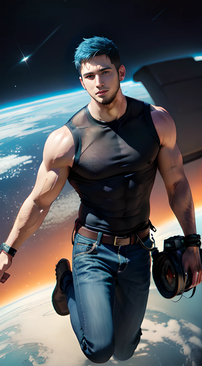 handsome young man in his 20's, Chris redfield, blue hair,