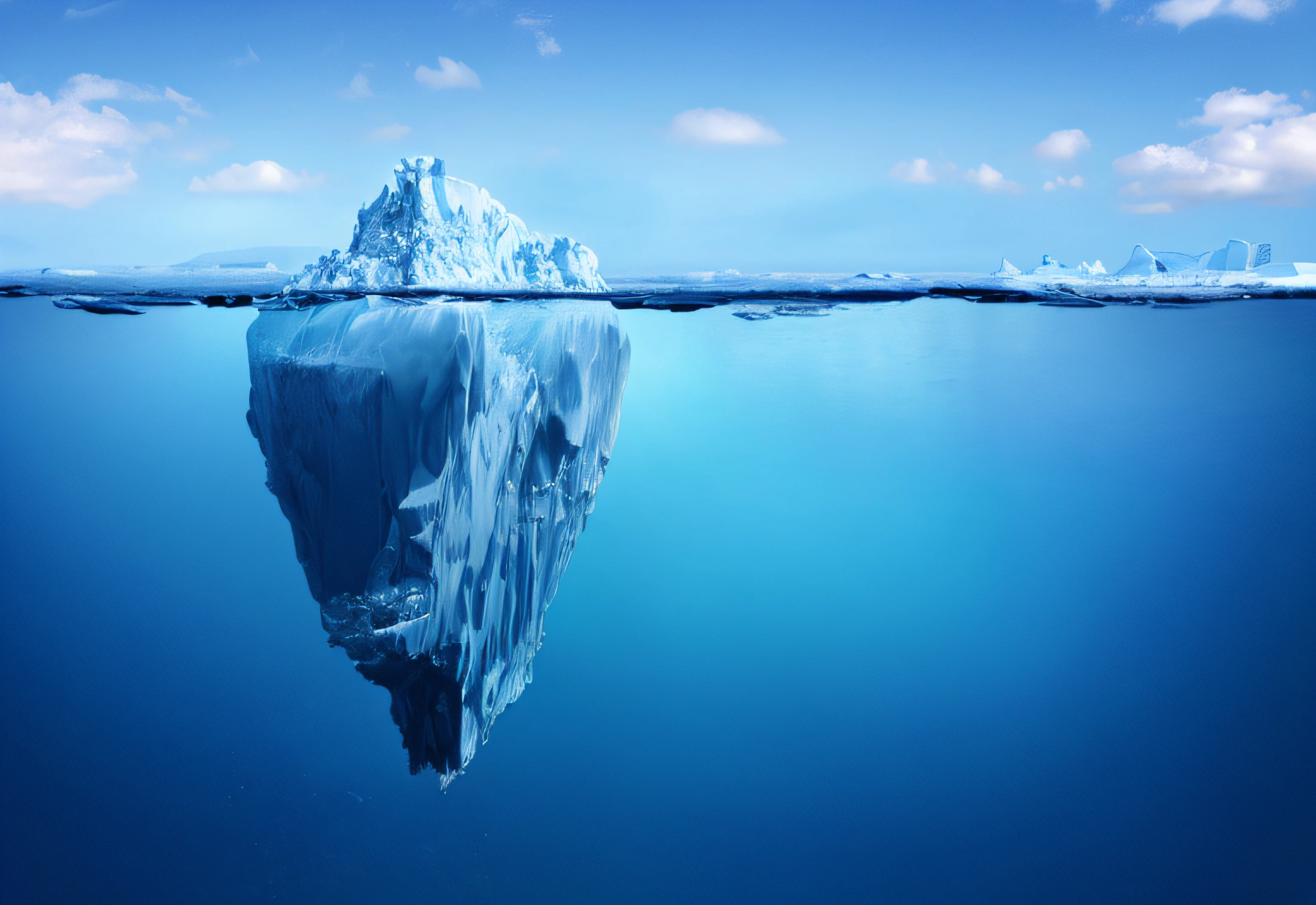 there is a large iceberg floating in the ocean with a sky background, iceberg, incredible depth, amazing depth, mountains made out of icebergs, deep depth, photo of the middle of the ocean, half submerged in water, icebergs, deep perspective, partially submerged, sea underneath, 3840x2160