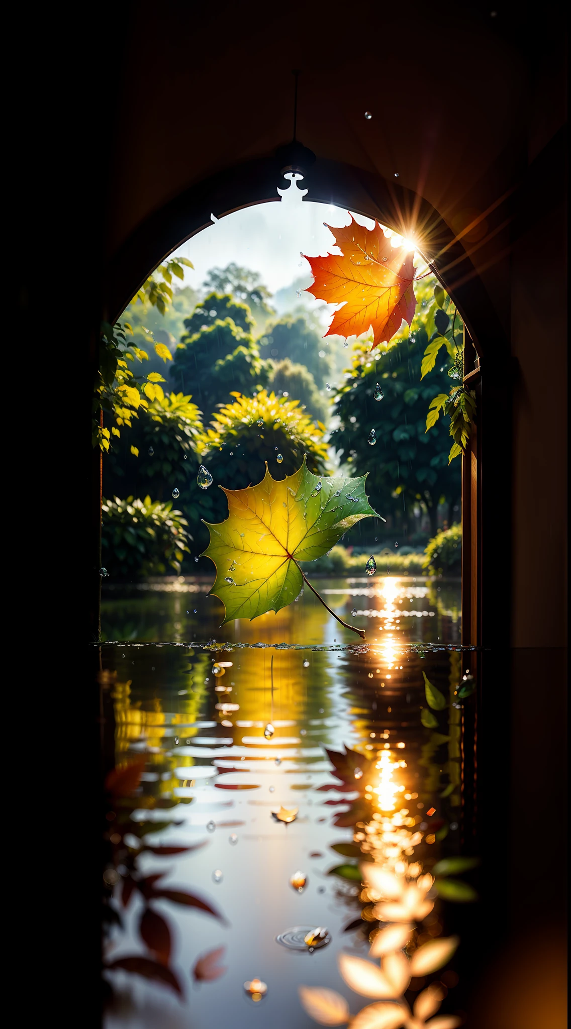 Picture of leaves and raindrops, Romantic landscape style, canon eos 5d mark iv, Sunny impressionism, Traditional Vietnamese, sparkling water reflections, high-quality photo, Stock Photo - AR 2:3 --v 5