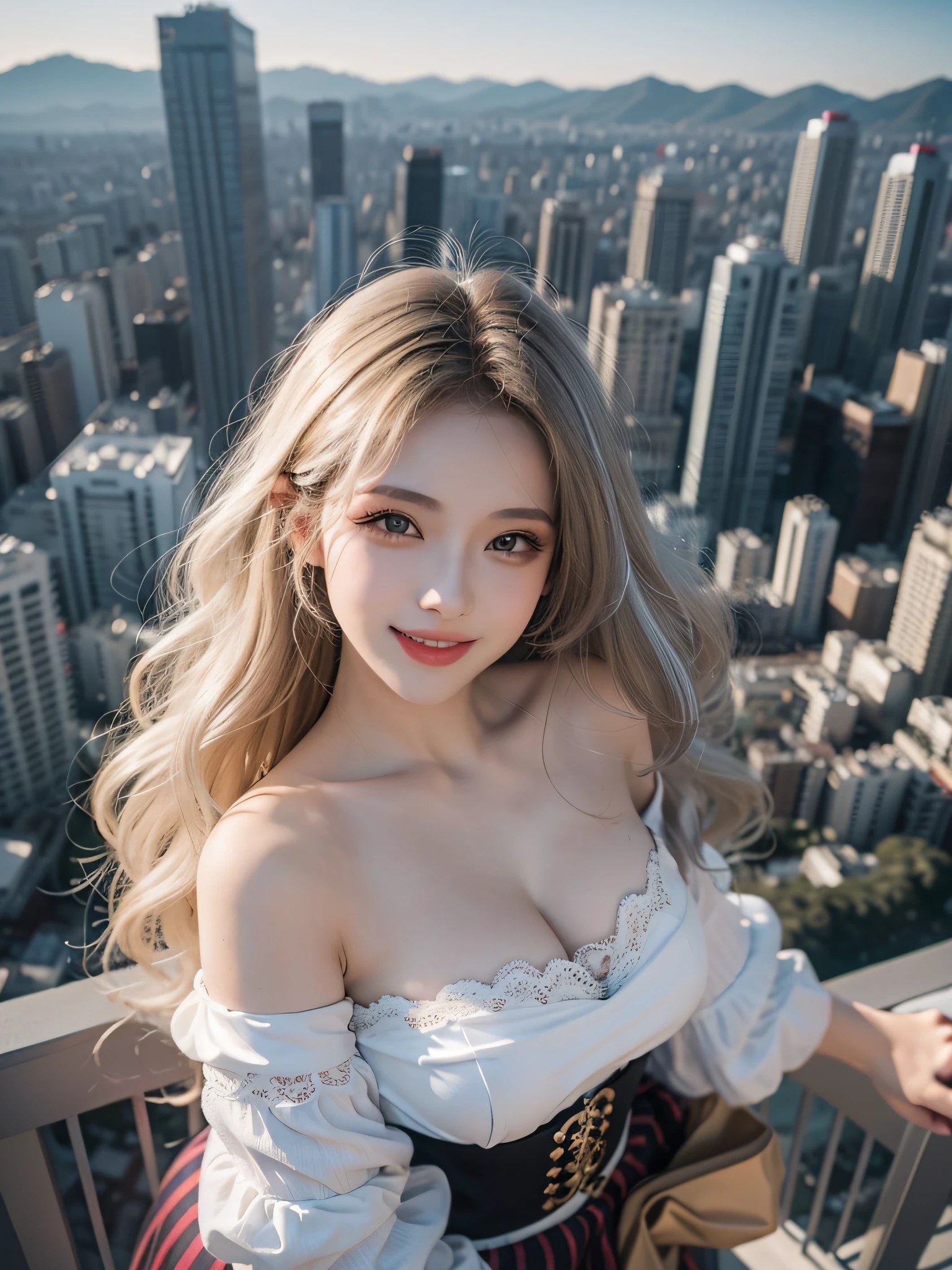 best qualtiy，tmasterpiece，超高分辨率，（Photorealsitic：1.4），RAW photogr，（Authentic skin texture：1.3），（filmgrain：1.3），in a panoramic view，midynight，street Tokyo，from the above，18yo girl，full bodyesbian，silver-white wavy curly hair，Large breasts，Lolita set，Tyndall effect，Charming eyes，Beautiful details for eyes and face，with brown eye，happy laughing，Look to the lens，