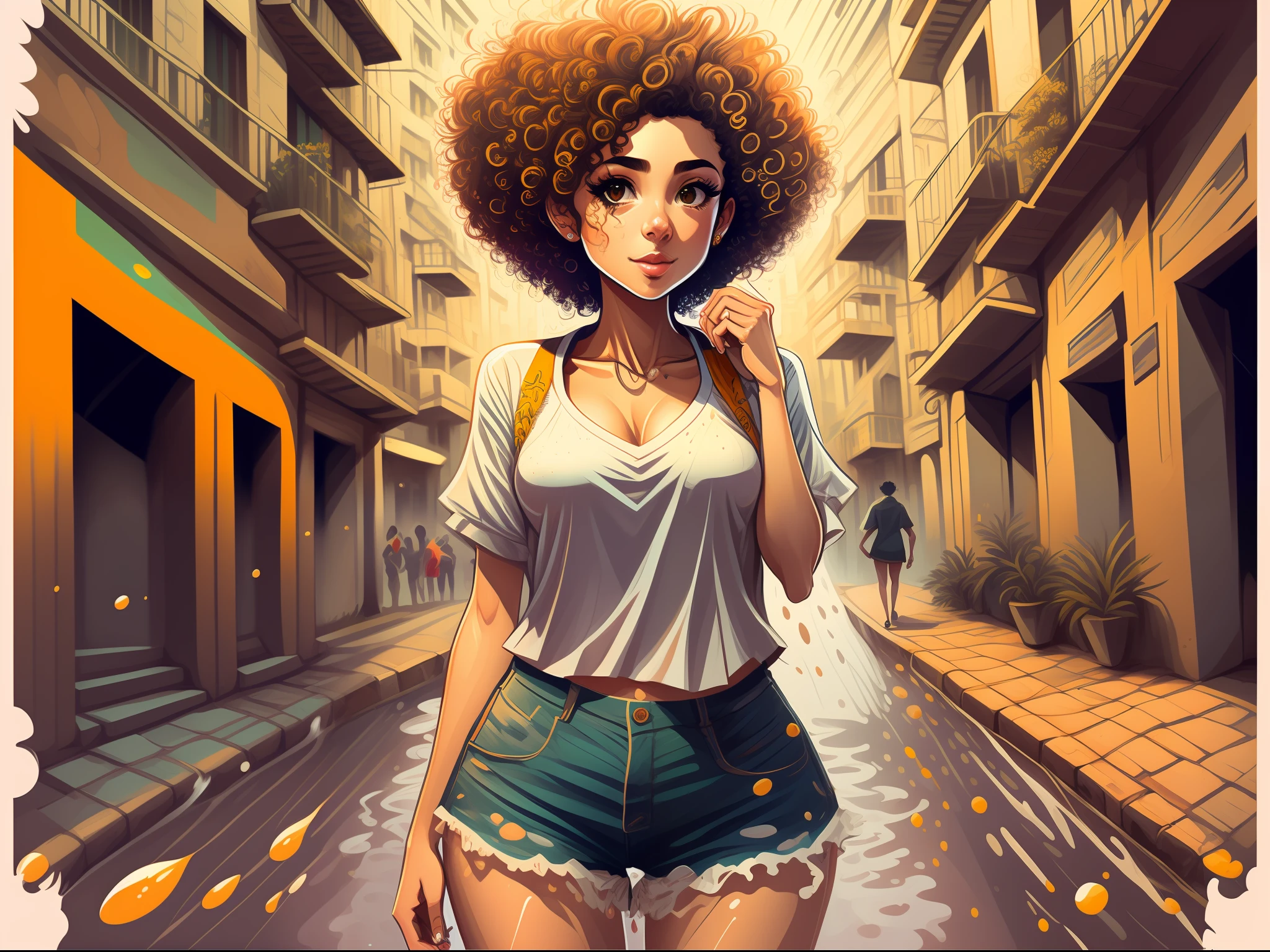 Nice Brazilian Girl, pretty, short curly hair, nice pose, perfect anatomy, wearing casual clothes, splash, street, high detail, high quality, details, beautiful, vibrante color