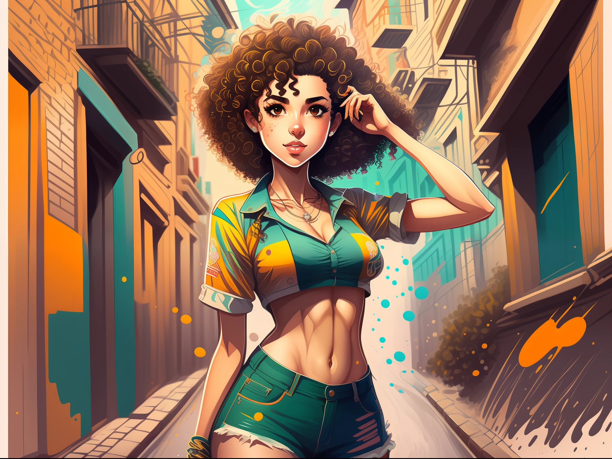 Nice Brazilian Girl, pretty, short curly hair, nice pose, perfect anatomy, wearing casual clothes, splash, street, high detail, high quality, details, beautiful, vibrante color