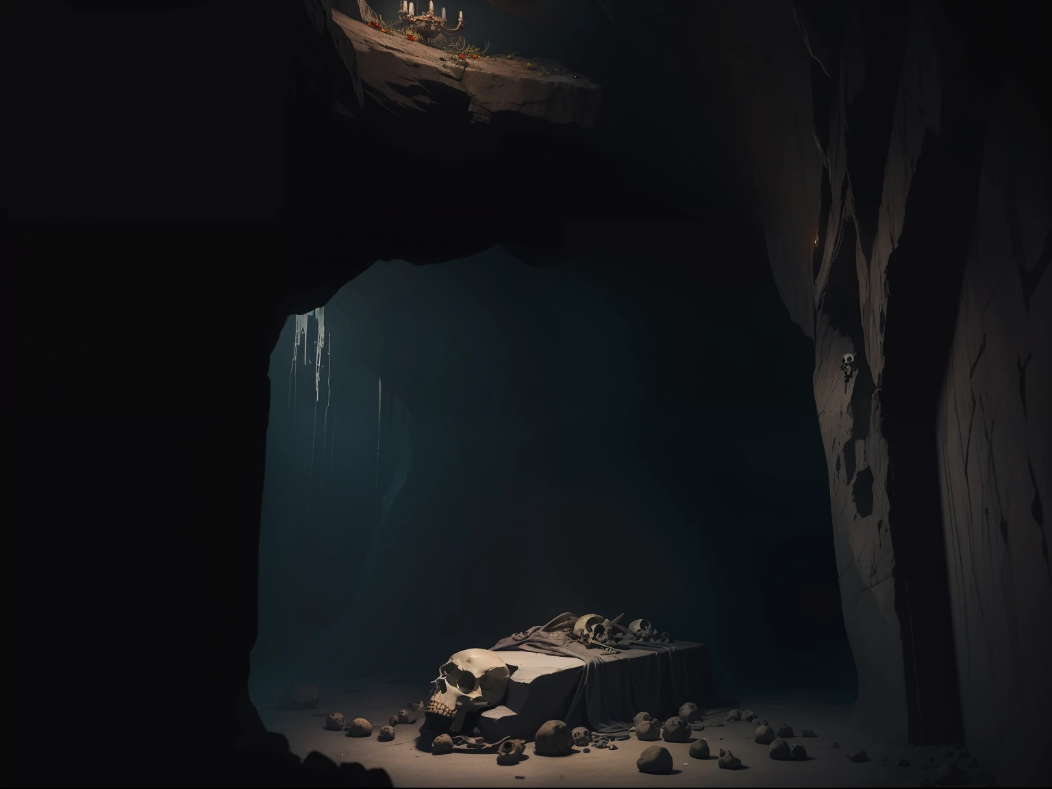A cave with skulls on the walls, black flowers on the ground of the cave and with the ceiling made from flesh and eyes., Radiant, Coffinwood, Modern Art, upper body shot, Simulation, 500px, game item, contrasted colors, Health Goth, moody lighting, Highly detailed