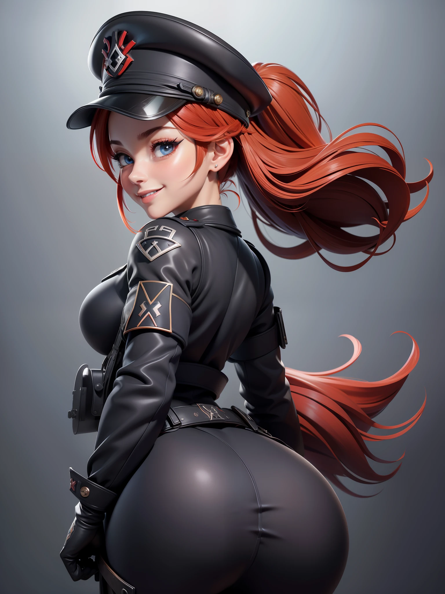 (absurdres,official art,unity 8k wallpaper,ultra detailed,High quality,best quality),1girl, detail face, beautiful eyes, red hair, iron cross,blush,peaked cap, skirt,ass,smile,two side up,(ass support),(hands on own ass),white gloves,military uniform,highly detailed,absurdres,masterpiece,