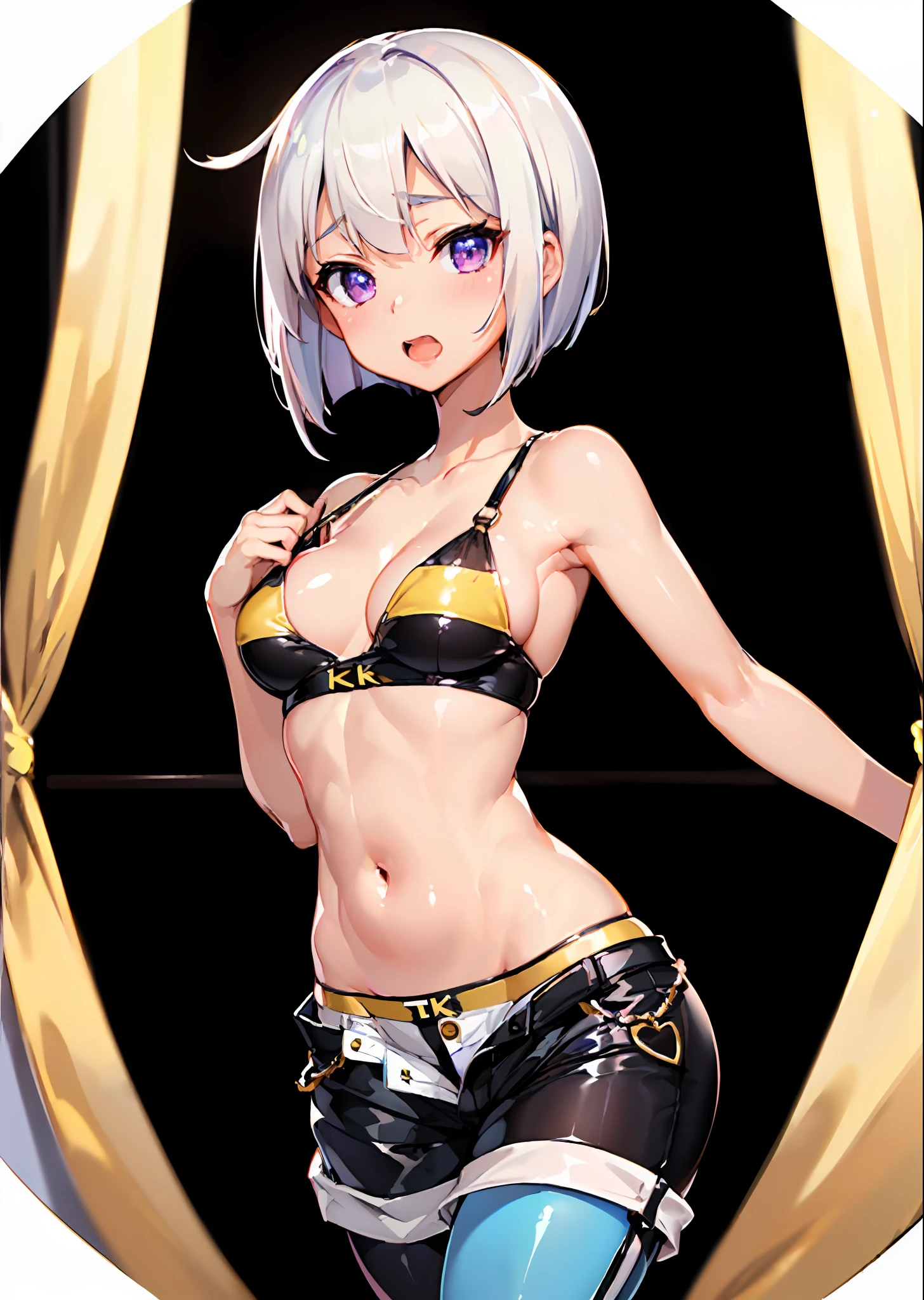 Solo、((top-quality、8K、masterpiece:1.3))、Provocative facial expressions、foco nítido:1.2、Beautiful woman with perfect body shape:1.4、Beautiful face、beautiful countenance、White hair、Pixie Bob、A slender 、The navel is visible、abdominals:1.2、A sexy、shortpants:1.5、Rubber Enamel Bodysuit:1.7、Highly detailed facial and skin texture、A detailed eye、二重まぶた、Black pantyhose:1.3、Tanned skin:2.0
