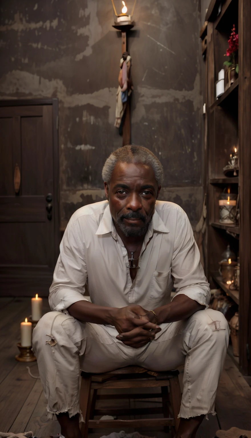 homem afrodescendente, por volta dos 90 anos, com rosto marcado pelo tempo e com muitas rugas. His countenance is sad and looks sore. Wears white cotton clothes, cord with seeds around the neck. He's sitting on a wooden stool looking at the floor. On the floor there are several lit candles. On the wall is a large wooden crucifix.