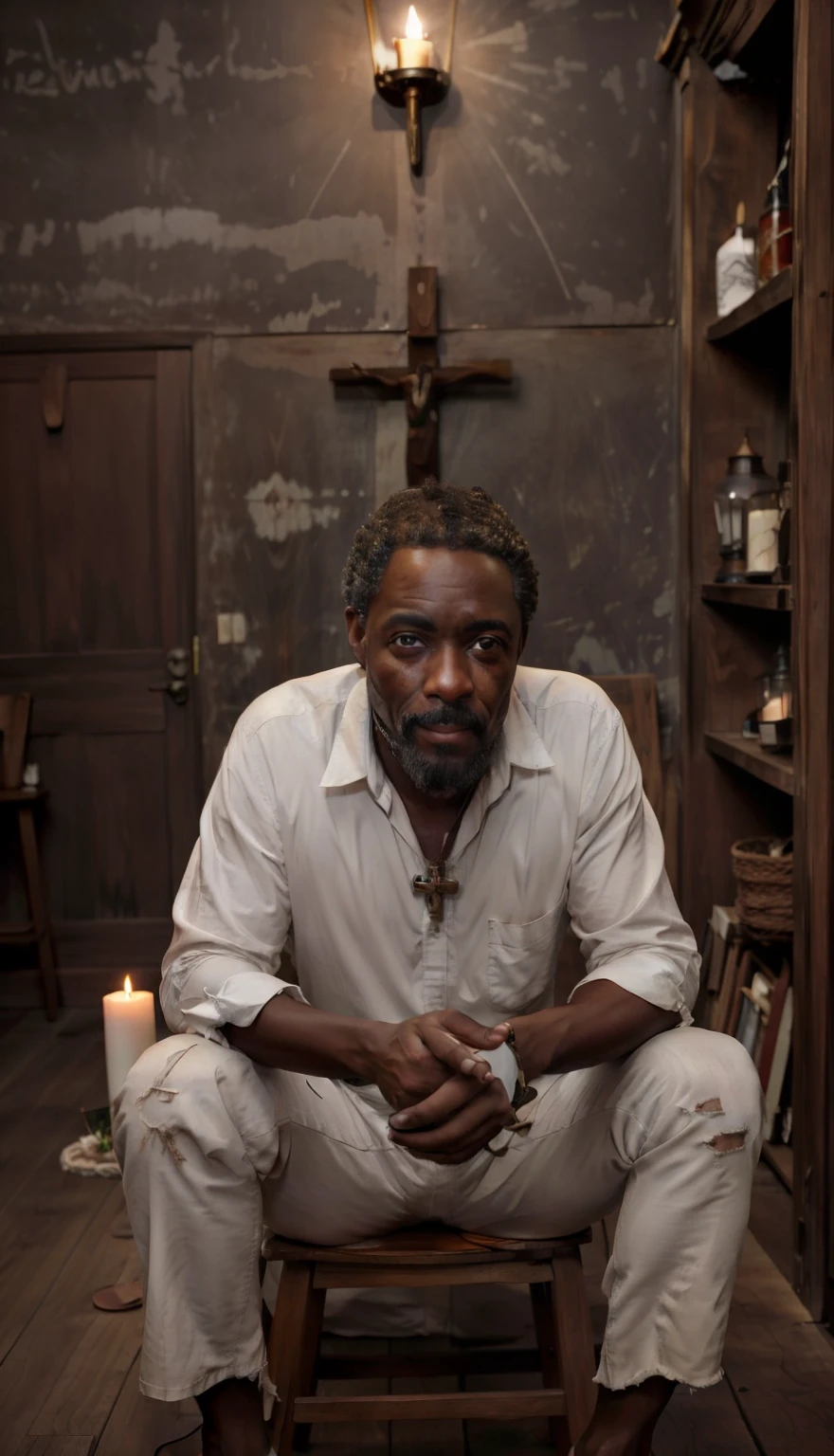 homem afrodescendente, por volta dos 90 anos, com rosto marcado pelo tempo e com muitas rugas. His countenance is sad and looks sore. Wears white cotton clothes, cord with seeds around the neck. He's sitting on a wooden stool looking at the floor. On the floor there are several lit candles. On the wall is a large wooden crucifix.