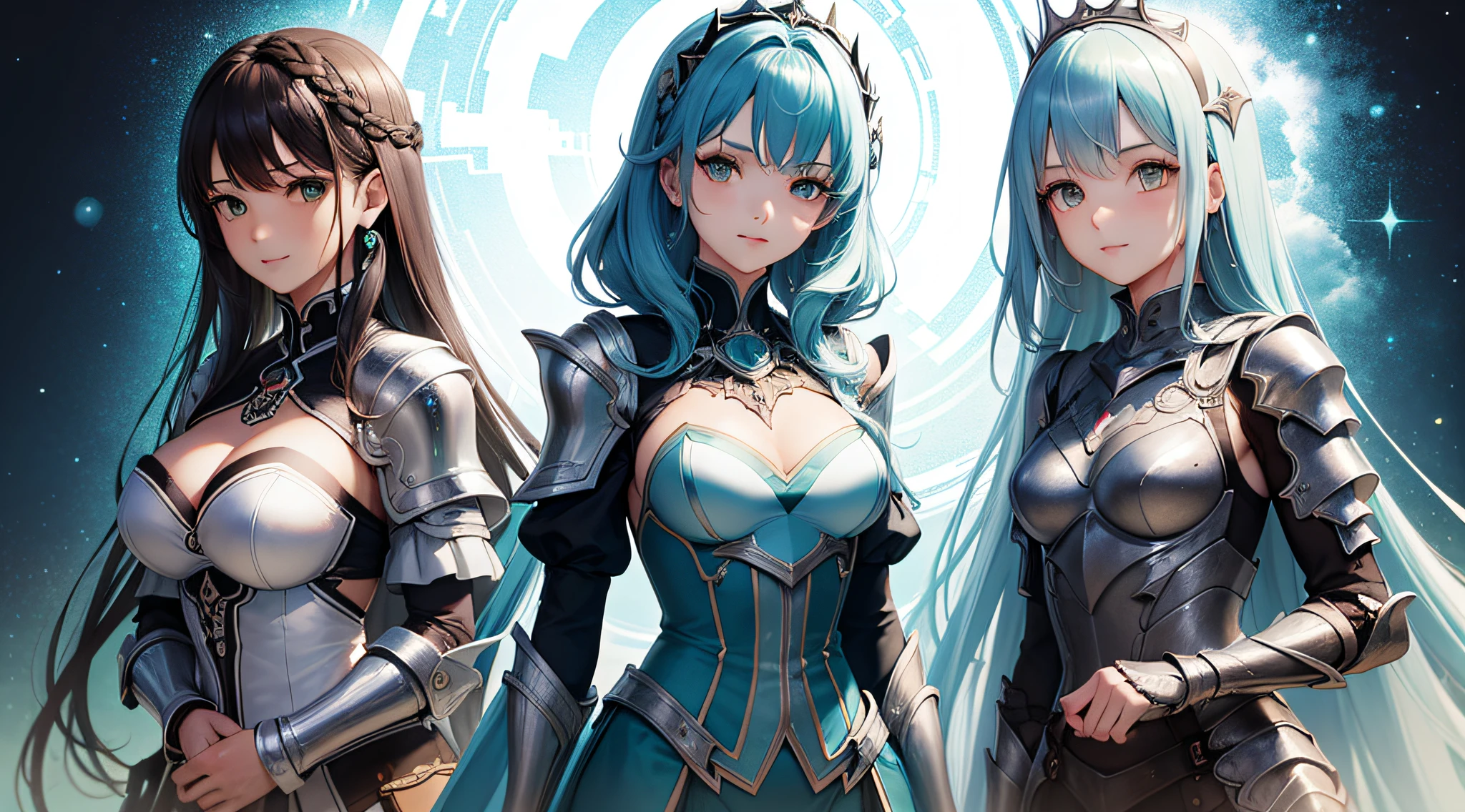 Three girls with iridescent hair and detailed teal dress armor, Standing, White background, blue open sky, Intricate details, Perfect face