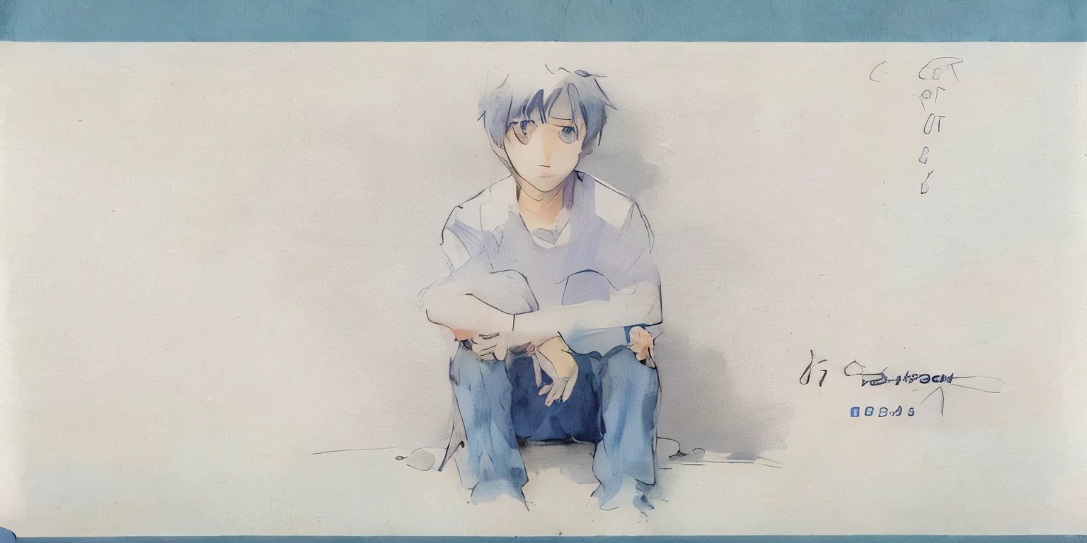 Painting of a boy sitting on a chair with his arms crossed, Medium shot. author:hiyao miyazaki, evangelion concept art, studio ghibli smooth concept art, author:hiyao miyazaki, in style of hayao miyazaki, author:Middle Bokuhn, Miyazaki's animation style, from evangelion, anime still film anime shikishi