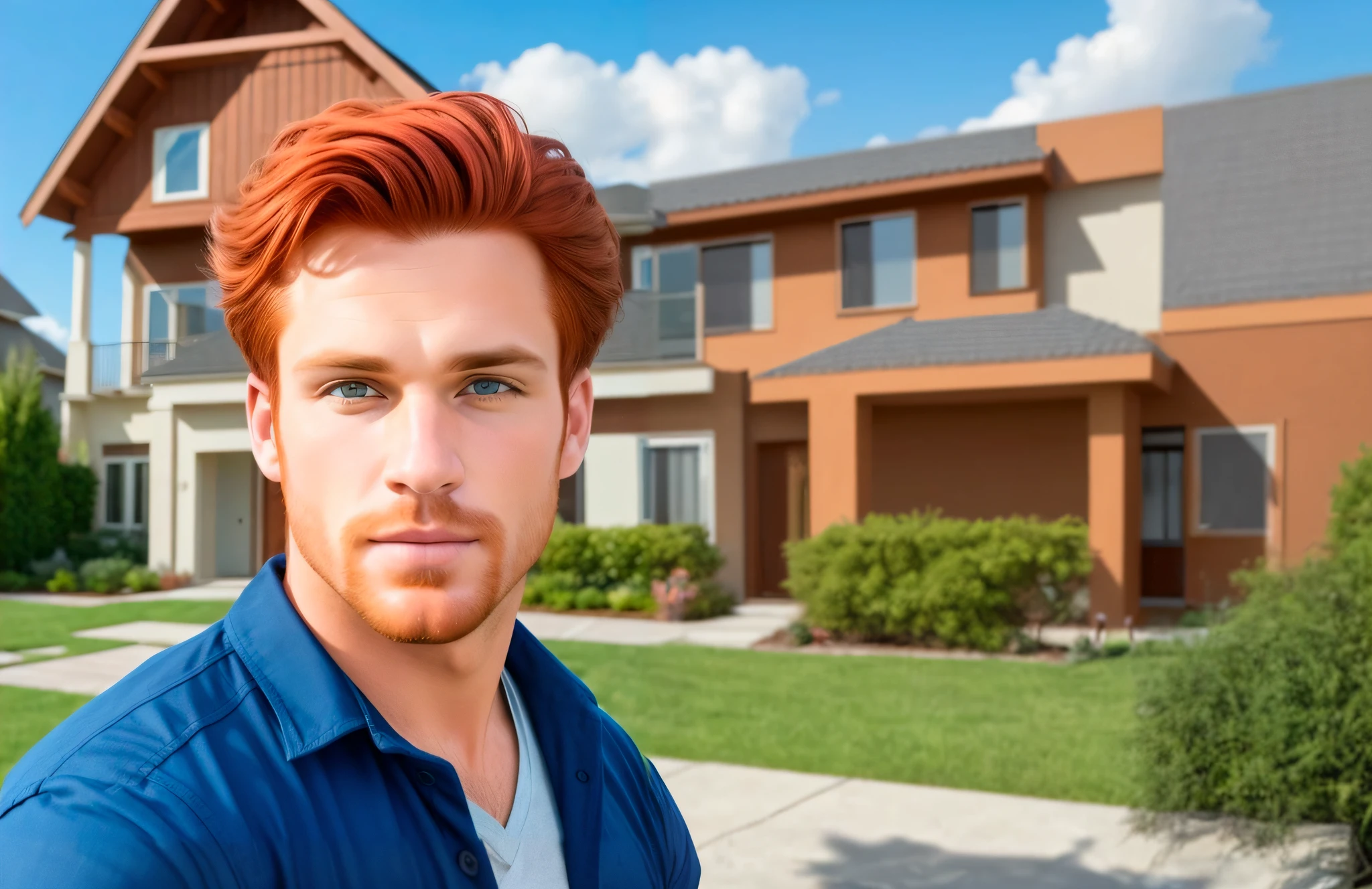 Arafed hombre con cabello rojo y camisa azul frente a una casa, Cabello rojo y rasgos atractivos, cabello de jengibre, foto comercial, guapo impresionante realista, adolescente pelirrojo, Cabello de jengibre que fluye, cabeza roja, guapo masculino, Dustin Lefevre, pelirroja corta, barba rojiza, Hombre atractivo, Foto en color hiperrealista, cabello cobrizo, Hombre atractivo