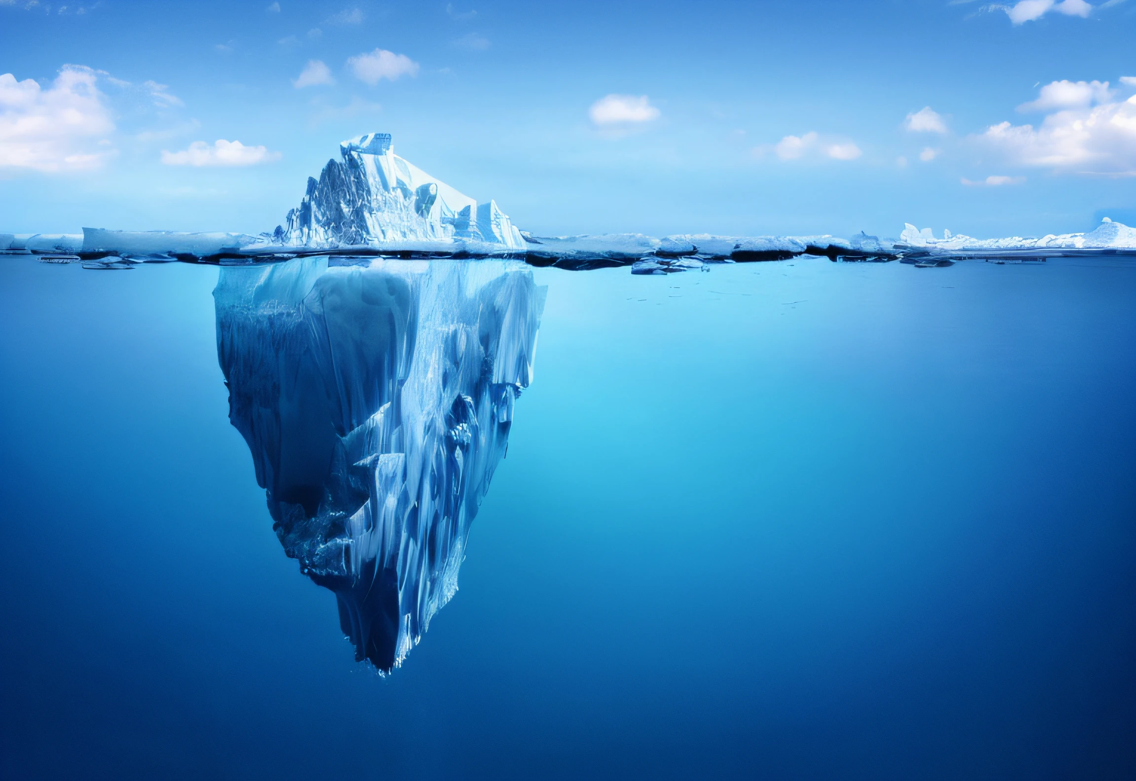 there is a large iceberg floating in the ocean with a sky background, iceberg, incredible depth, amazing depth, mountains made out of icebergs, deep depth, photo of the middle of the ocean, half submerged in water, icebergs, deep perspective, partially submerged, sea underneath, 3840x2160