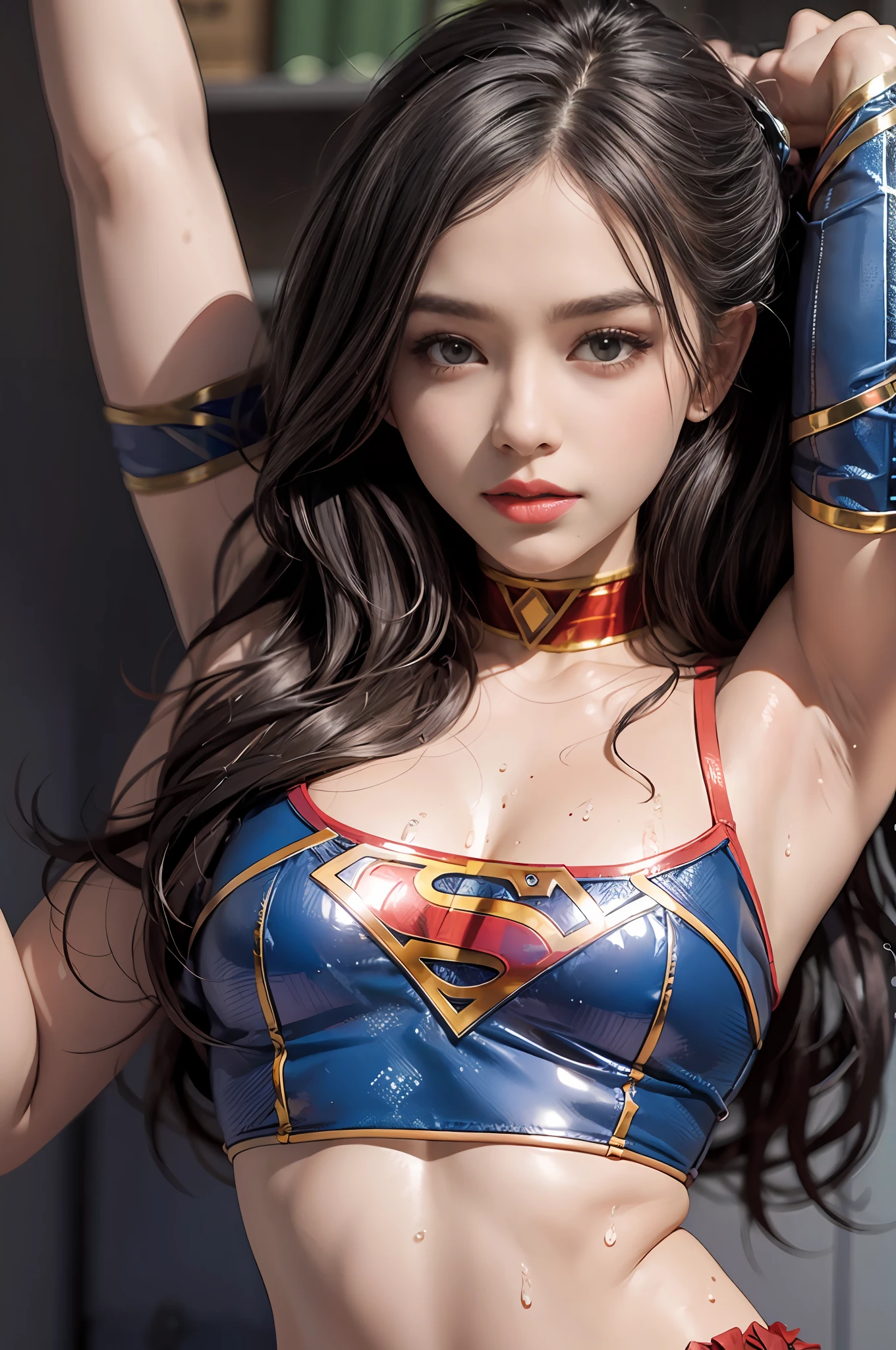 Hermosa mujer corta cabello negro definido cuerpo grandes pechos, usando cosplay de Supergirl, pecho desnudo, sudando, agua en su cuerpo.