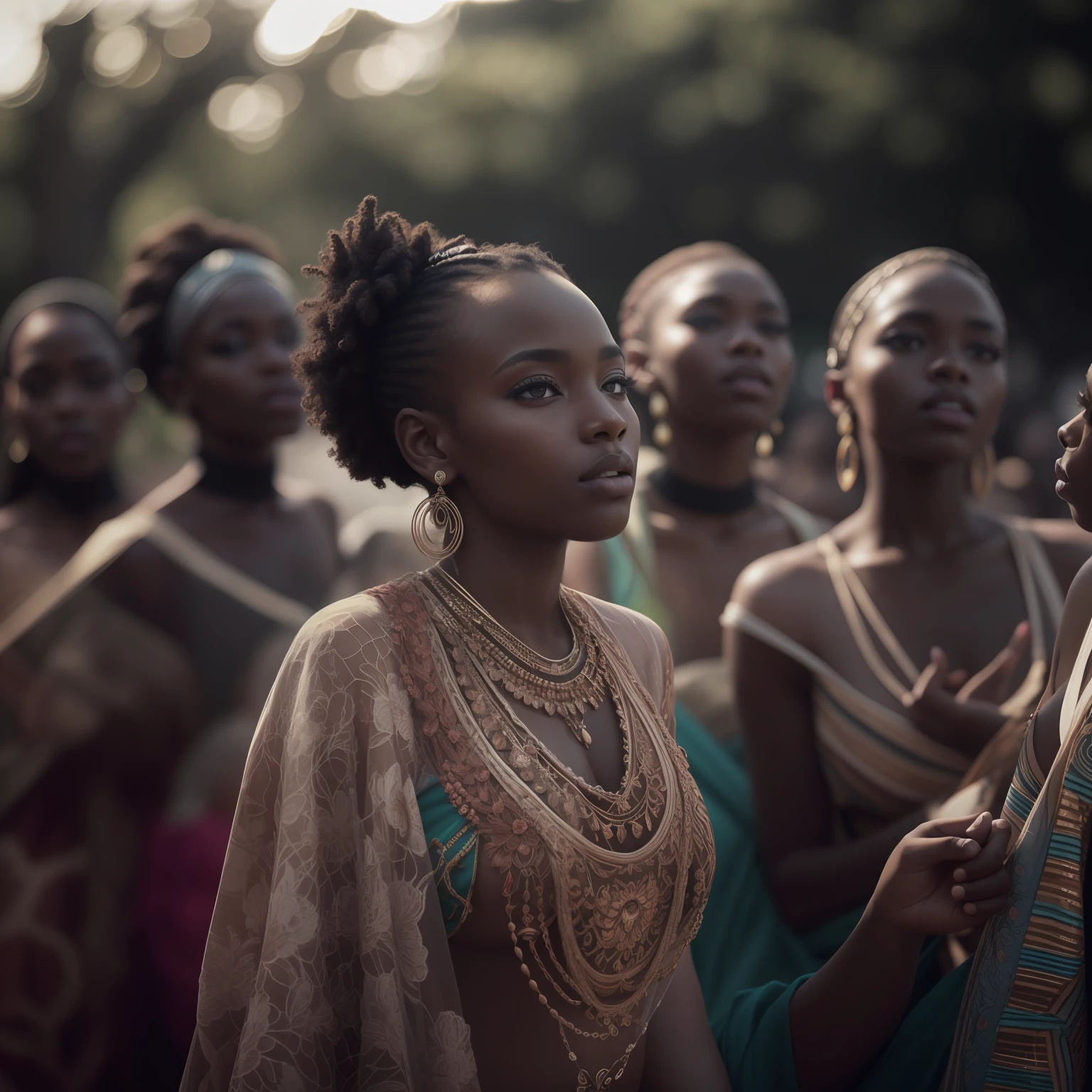 Raw photo, portrait of dark skinned beautiful African Women, Group dancing,culture, perfect face features, perfect eyes, hopeful, wearing intricate African amor, sun light, volumetric lighting, sun rays, detailed shadows, nature, outdoor, hasselblad X2D 100C, hasselblad XCD 80mm f/1.9 lens, depth of field, bokeh, film grain, sharp focus, photorealistic, masterpiece, intricate details, high contrast, 8k, UHD, HDR, high-res, absurdres, award winning photography, modelshoote, fashion photography, best composition, rules of third, upper body shot,