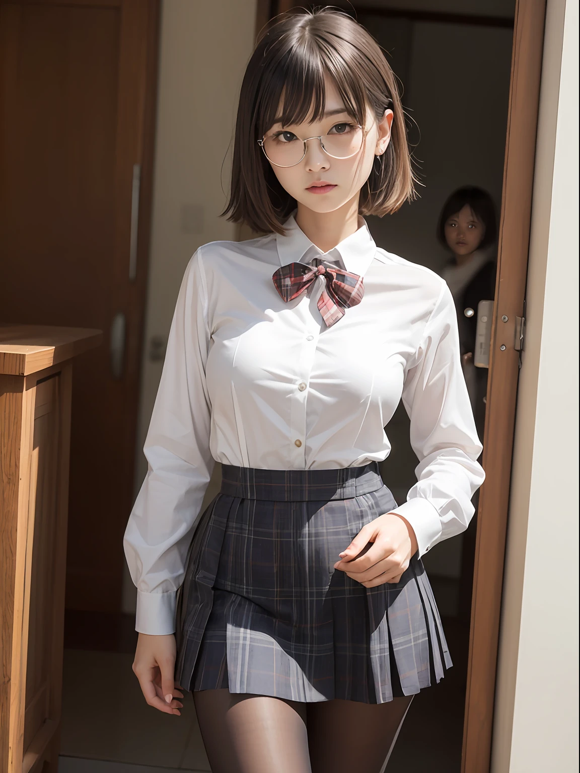 (8K、Raw photography、top-quality、masterpiece:1.2),Black pantyhose,absurderes,a small face,small tits,flat breast,Parting the bangs from the middle、Forehead visible,(Tight eyes,Bullish,skinny,Rasping,irate)、masterpiece,top-quality、超A high resolution,Raw photo,ren,Beautiful fece,One Person, 独奏,eye glass,,Dark look,Small breasts,fullllbody,Round glasses、cute little、A Japanese Lady,is standing,(Tight eyes,Bullish,skinny,Rasping,irate,small tits,flat breast)、(Photorealsitic:1.37)、Photon mapping,Light blue ribbon,Realistic、Cute little face,Brown-eyed、Black socks、(Red bow tie)、Radio City、Physically Based Rendering、Foreground、depth of fields、Blurry background、a picture,The girls、Body, Long legs, Thin leg,poneyTail,(Bangs are visible), hair, s lips, Blue_The eye, nosesoft,White shirt, Navy blue and white plaid pleated skirt, Knees are visible,Sheer clothing,, Thigh, Black cotton socks,Nogizaka Idol, 女優, Japanese ido