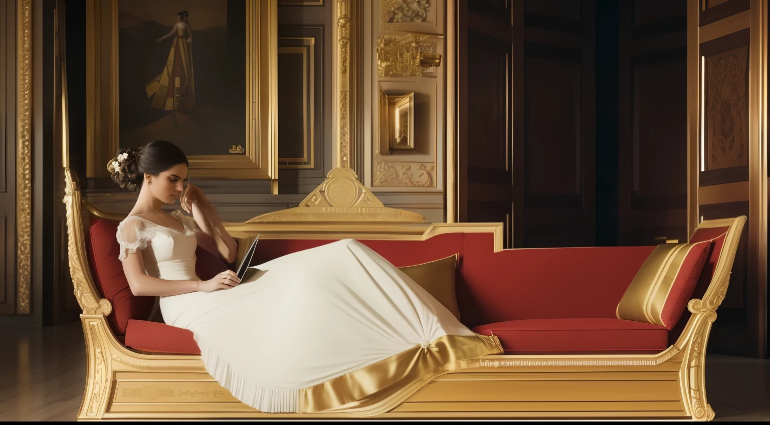 cinematography lighting, ultra detallado, Room overview (( Middle-distance portrait of elegant young woman reclining on a couch, leyendo un libro. elegantee Persona en vestido de coctel inspiracion art noveau de principios del siglo 20 elegante)), en una (sala de estar estilo europeo art deco) Luz natural, entra el sol de la tarde por una ventana, vase with flowers, detalles decorativos inspirados por KLIMT obras de arte, otro mobiliario altamente detallado, Pintura digital, Artstation, Arte conceptual, Suave, foco nítido, illustration, Arte por WLOP, Mars Ravelo y Greg Rutkowski (Piel alta y detallada:1.2), 8k UHD, DSLR, Soft lighting, alta calidad, Film grain, Fujifilm XT3 mix4 Wildstyle RAW foto,