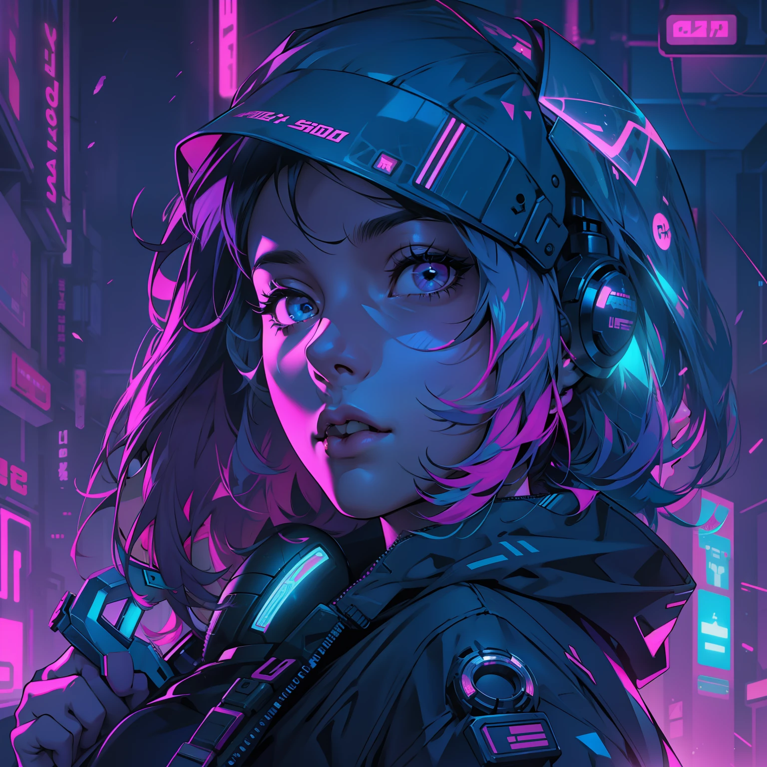 cyberpunk girl, blue and pink lighting