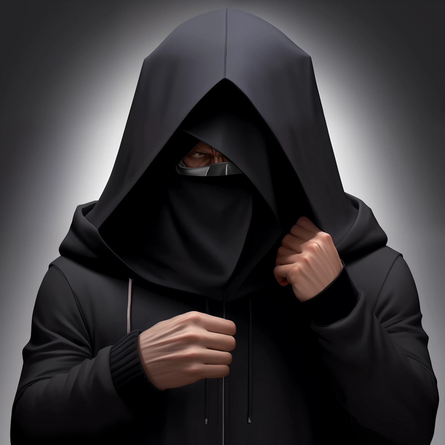Hooded man with head down hiding his face, Estilo escuro. U