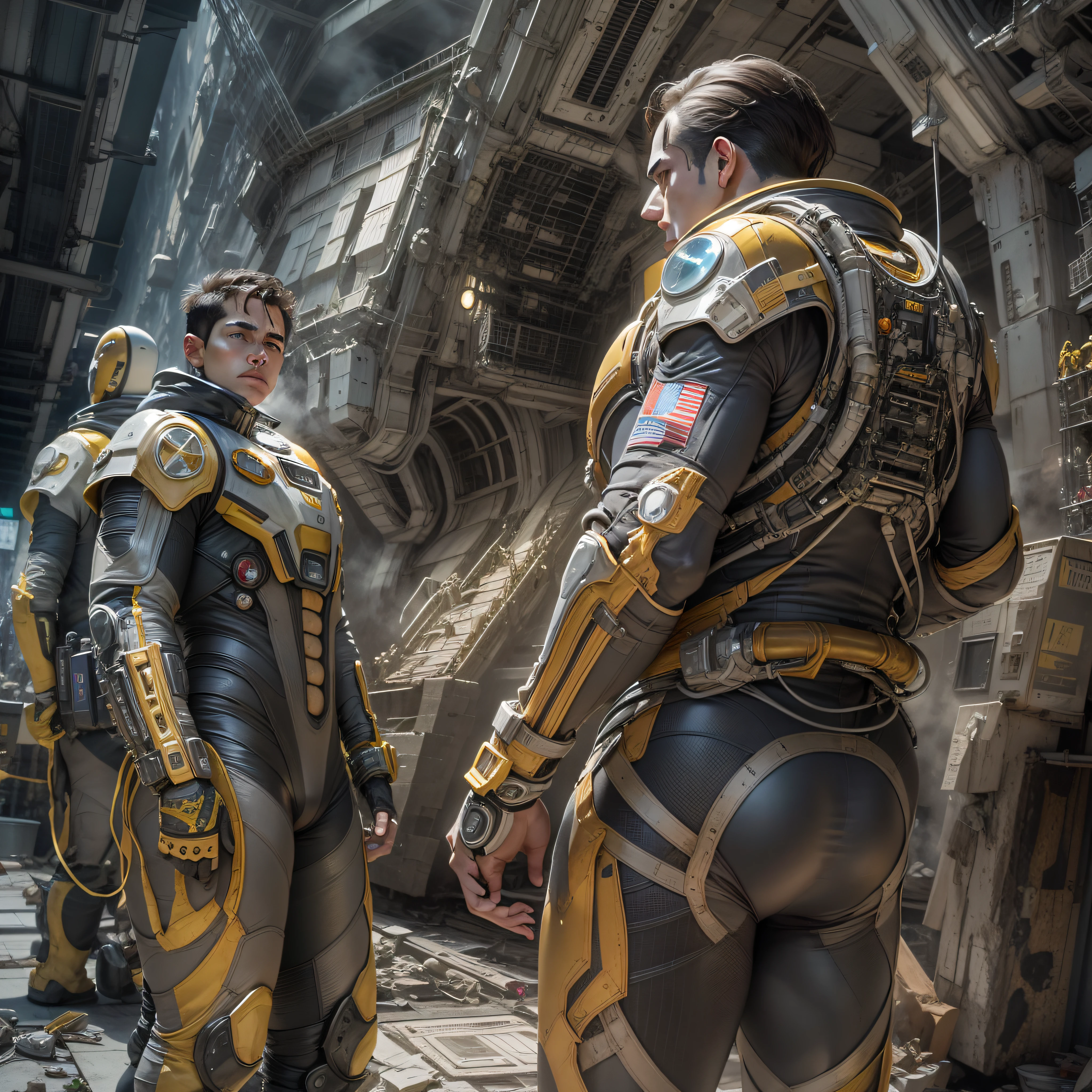 en estilo comic, basado en la pelicula prometheus: (( la tripulacion de la spacecraft prometheus, hombres y mujeres)), inspeccionas una ciudad de un planeta desconocido , con enormes edificios altamente tecnologicos. cuyos materiales de construccion son la plata, el oro y el bronce.