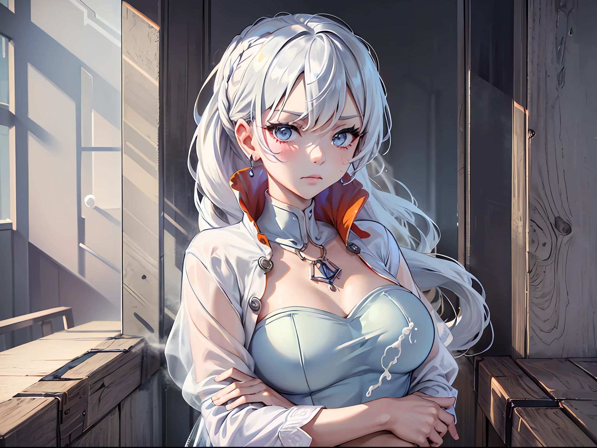 (Masterpiece, Best Quality:1.2), Cowboy shot, 独奏, 1girl, white colored hair, Vaisvale, expressionless, closed mouth, looking a viewer, crossed arms, pony tail, scar across eye, whitedress, Jewelry, necklace, earings, Average Breasts, upper-body, Spacer frame, Erotica, steam, (sperm, sperm on face, Sex), Generally chubby, стервозная, High commercial branch,