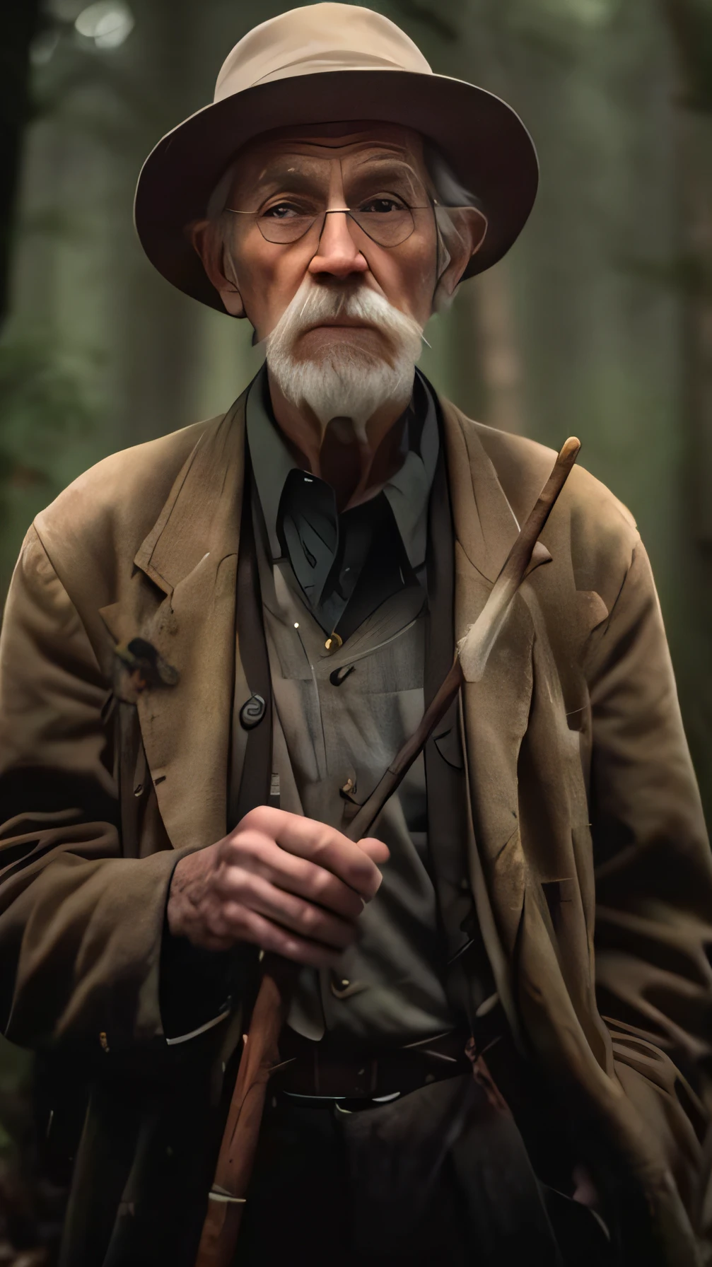 Alphad man in the woods wearing a hat and a walking stick, a old man, oldman with mustach, photorealistic logan movie still, An old man, author：Matthia Jama, holding cane, cyberpunk old man, Wise old man, sean connery as gandalf, portrait photo of an old man, an 80 year old man, of an old man