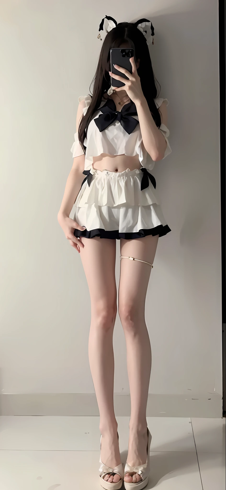 (best qualtiy,A high resolution,tmasterpiece:1.3),A tall and beautiful woman,Dark brown hair in loose wavy styling,nedium breasts,Wear a pendant,white button-down blouse,a black skirt,Beautifully rendered details in face and skin textures,Detailed eyes,二重まぶた